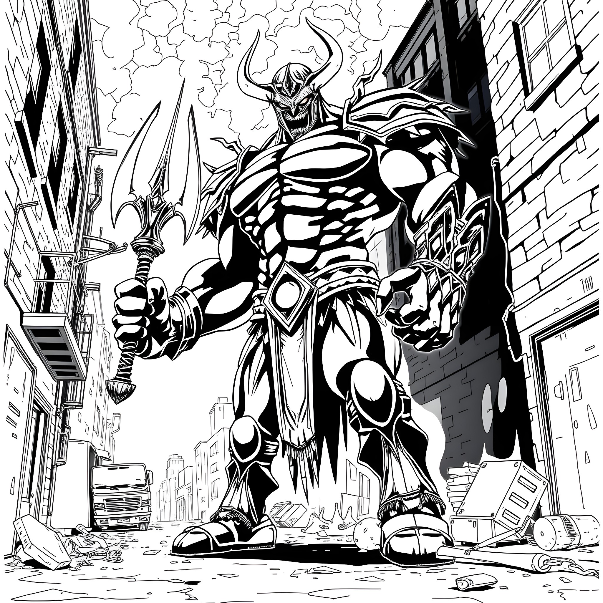 Nemesis: Colossal Demonic Warrior Rampaging Through the City Coloring Page (free black-and-white line drawing printable PDF for all, from beginners to advanced learners, including children, teens, adults, and seniors)