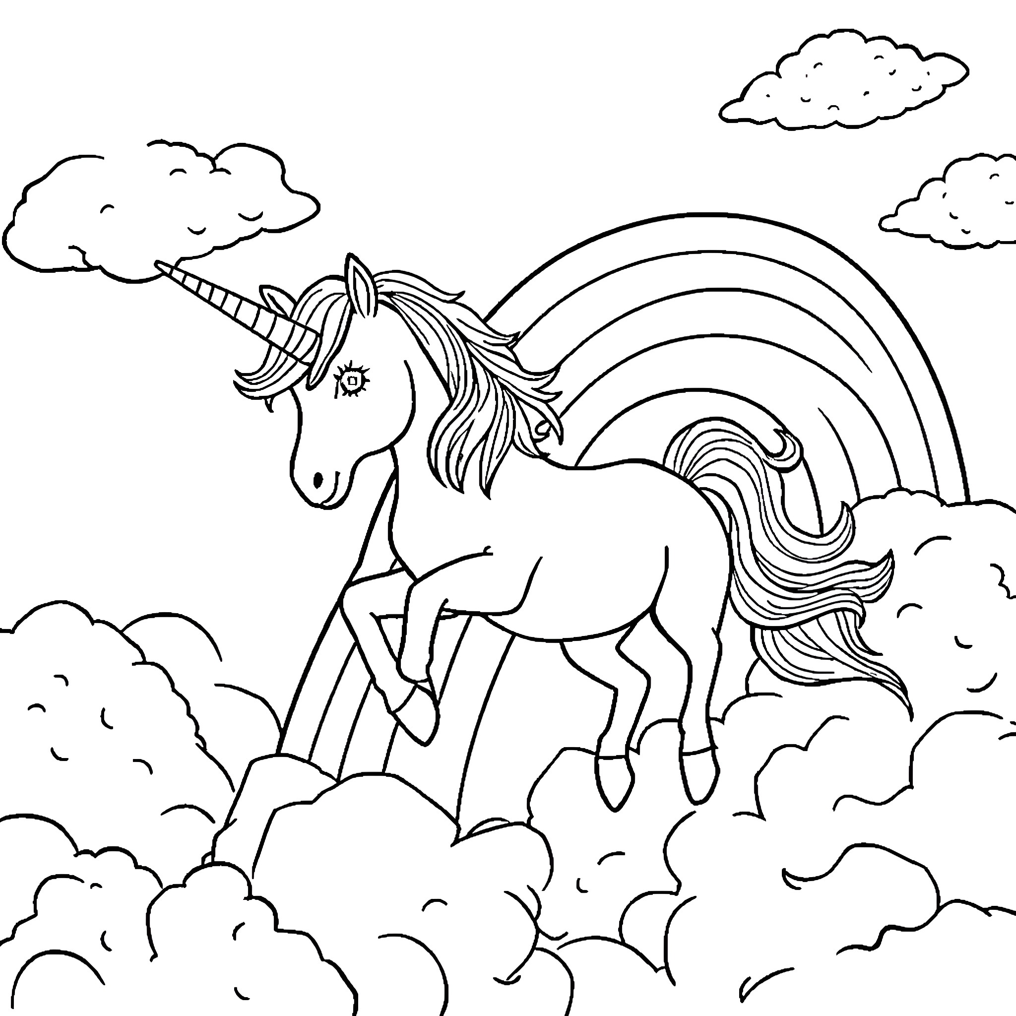 Unicorn running through enchanted clouds and rainbows Coloring Page (free black-and-white line drawing printable PDF for all, from beginners to advanced learners, including children, teens, adults, and seniors)