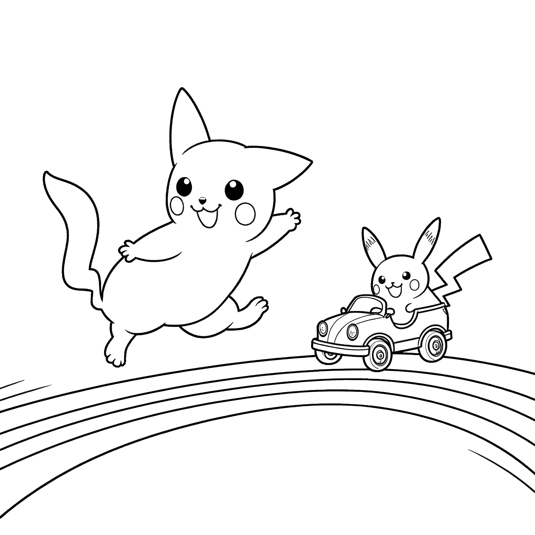 Cats playing happily in a car race Coloring Page (free black-and-white line drawing printable PDF for all, from beginners to advanced learners, including children, teens, adults, and seniors)