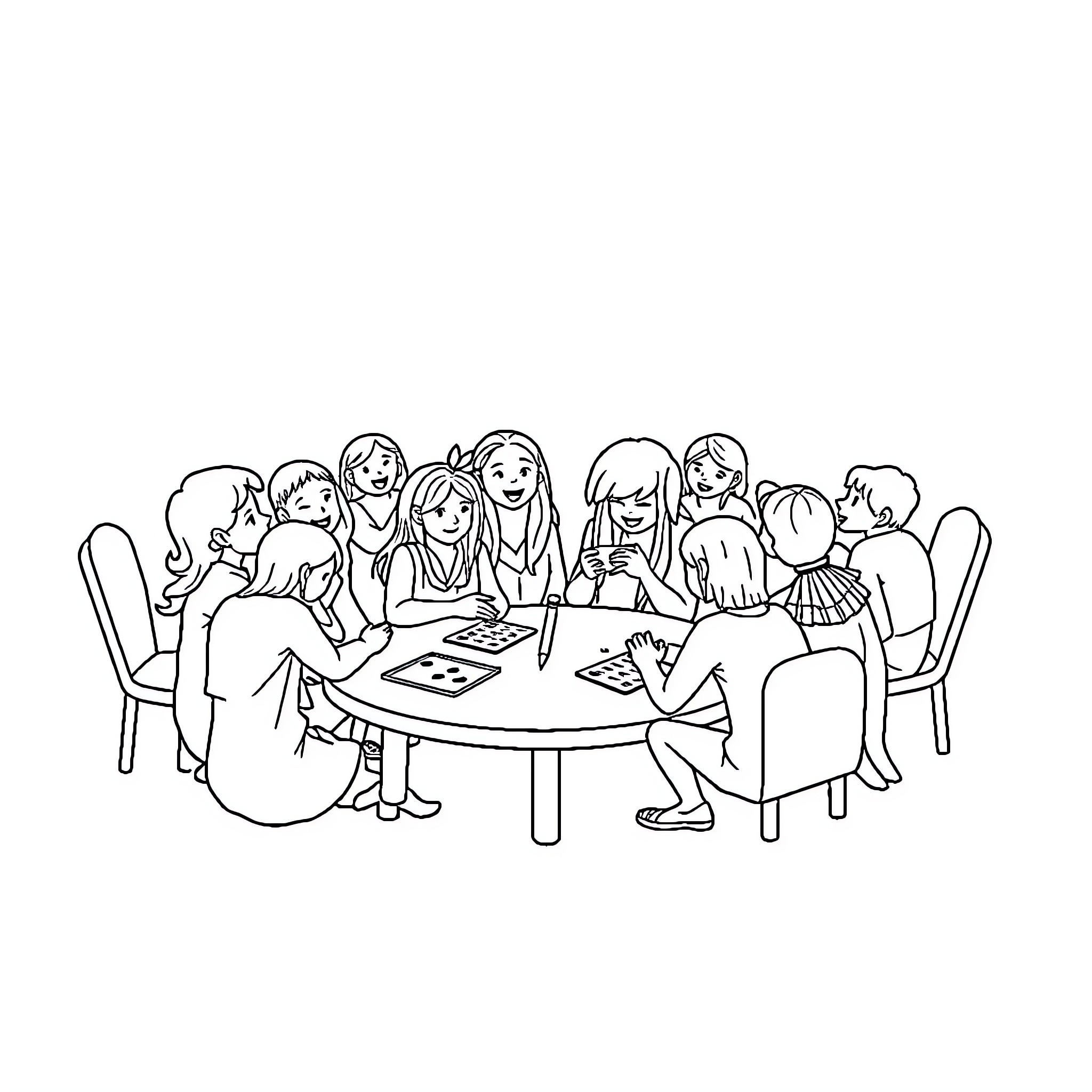 Game of friends enjoying board games together Coloring Page (free black-and-white line drawing printable PDF for all, from beginners to advanced learners, including children, teens, adults, and seniors)