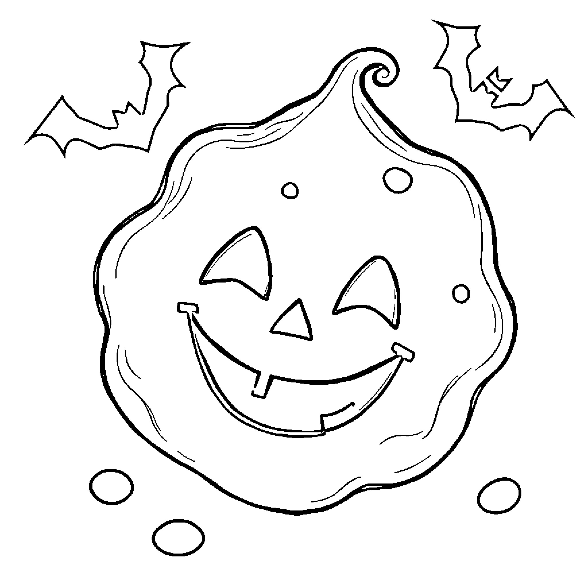 Cookie Halloween Pumpkin with Bats Coloring Page (free black-and-white line drawing printable PDF for all, from beginners to advanced learners, including children, teens, adults, and seniors)