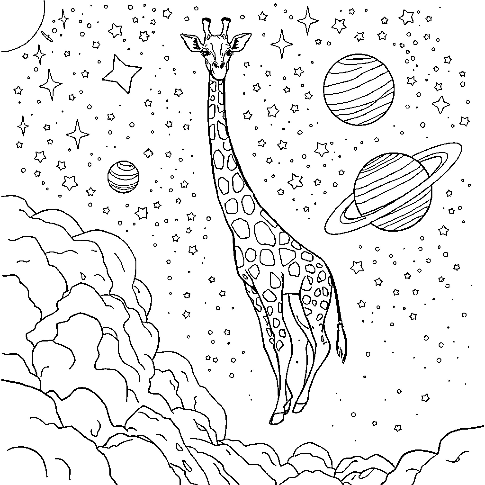 Giraffe gazing at celestial wonders in the cosmos Coloring Page (free black-and-white line drawing printable PDF for all, from beginners to advanced learners, including children, teens, adults, and seniors)