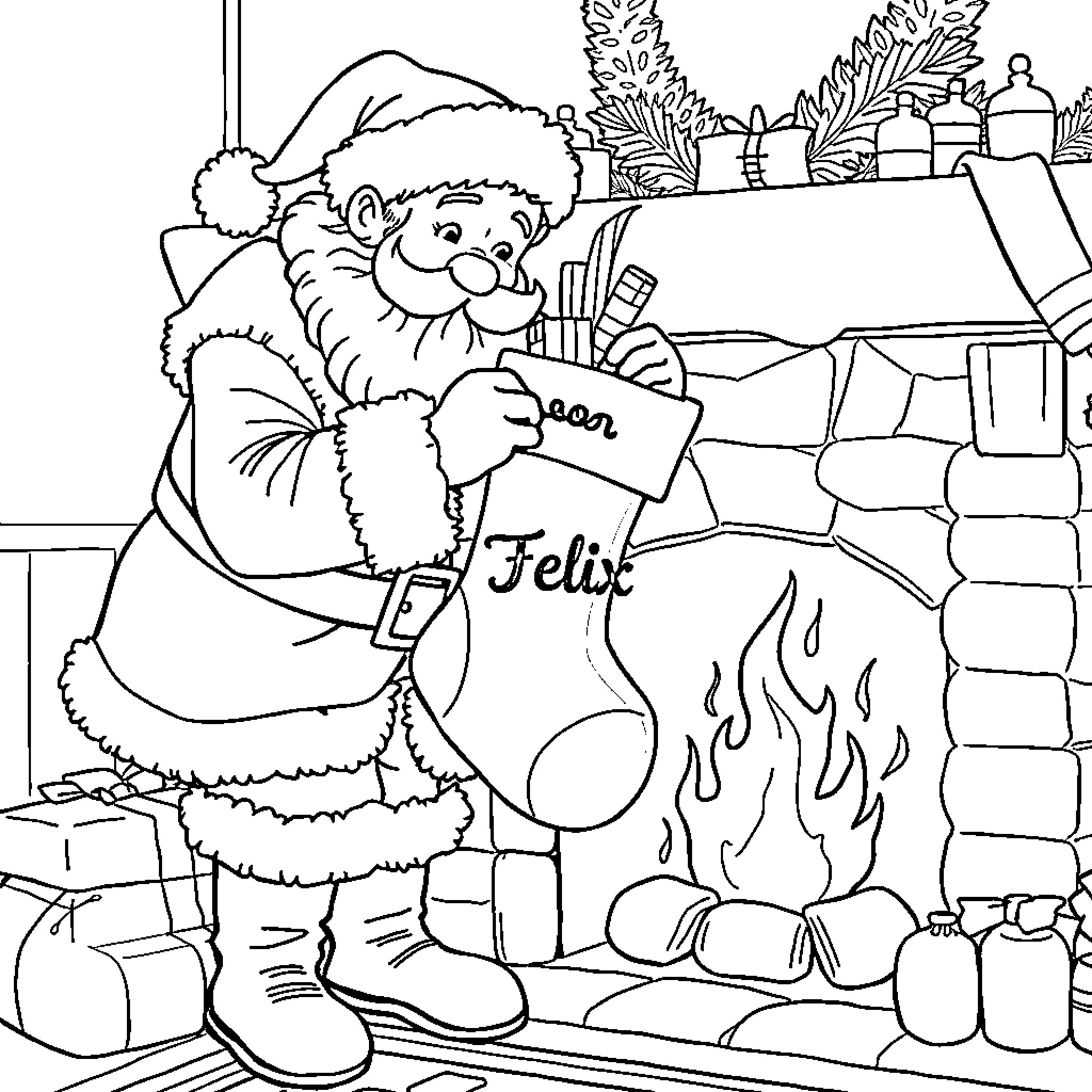 Santa Claus Hanging Stocking by Fireplace Coloring Page (free black-and-white line drawing printable PDF for all, from beginners to advanced learners, including children, teens, adults, and seniors)