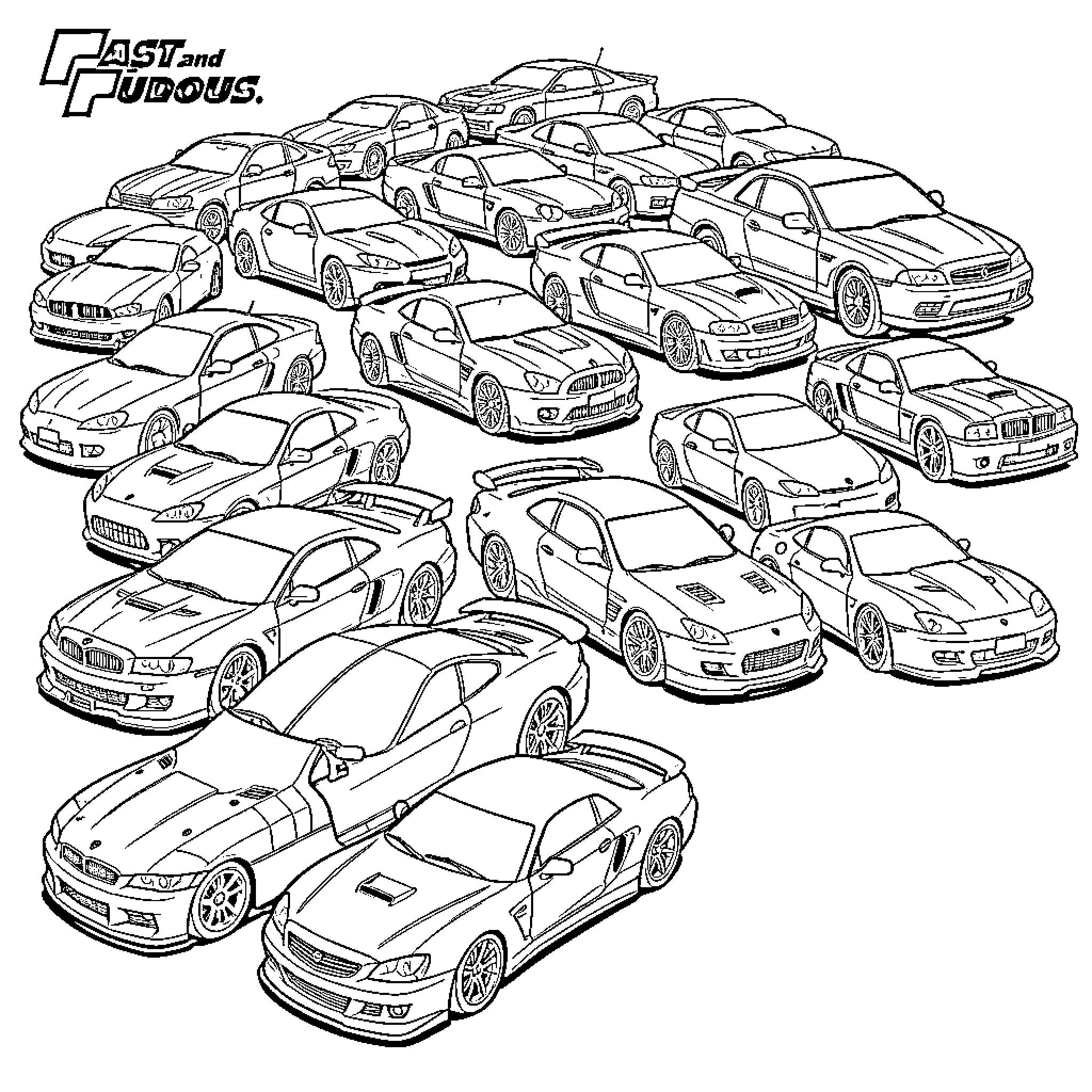 Car characters from Fast and Furious movie franchise Coloring Page (free black-and-white line drawing printable PDF for all, from beginners to advanced learners, including children, teens, adults, and seniors)