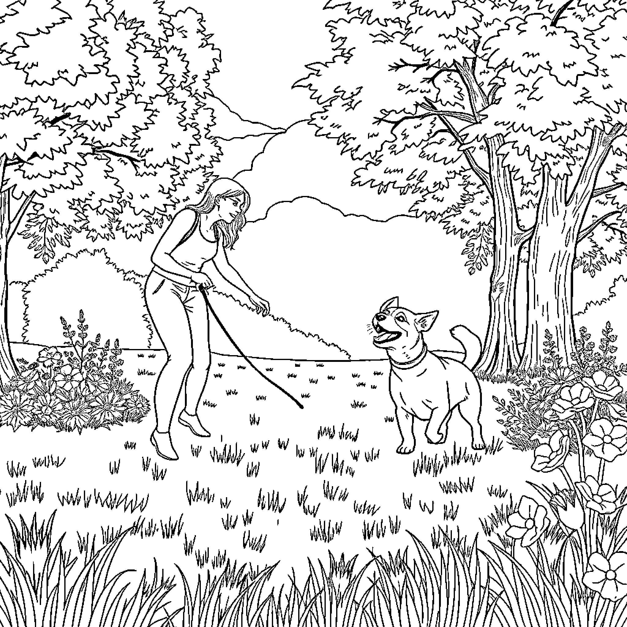 Lady playing with her dog in the forest Coloring Page (free black-and-white line drawing printable PDF for all, from beginners to advanced learners, including children, teens, adults, and seniors)