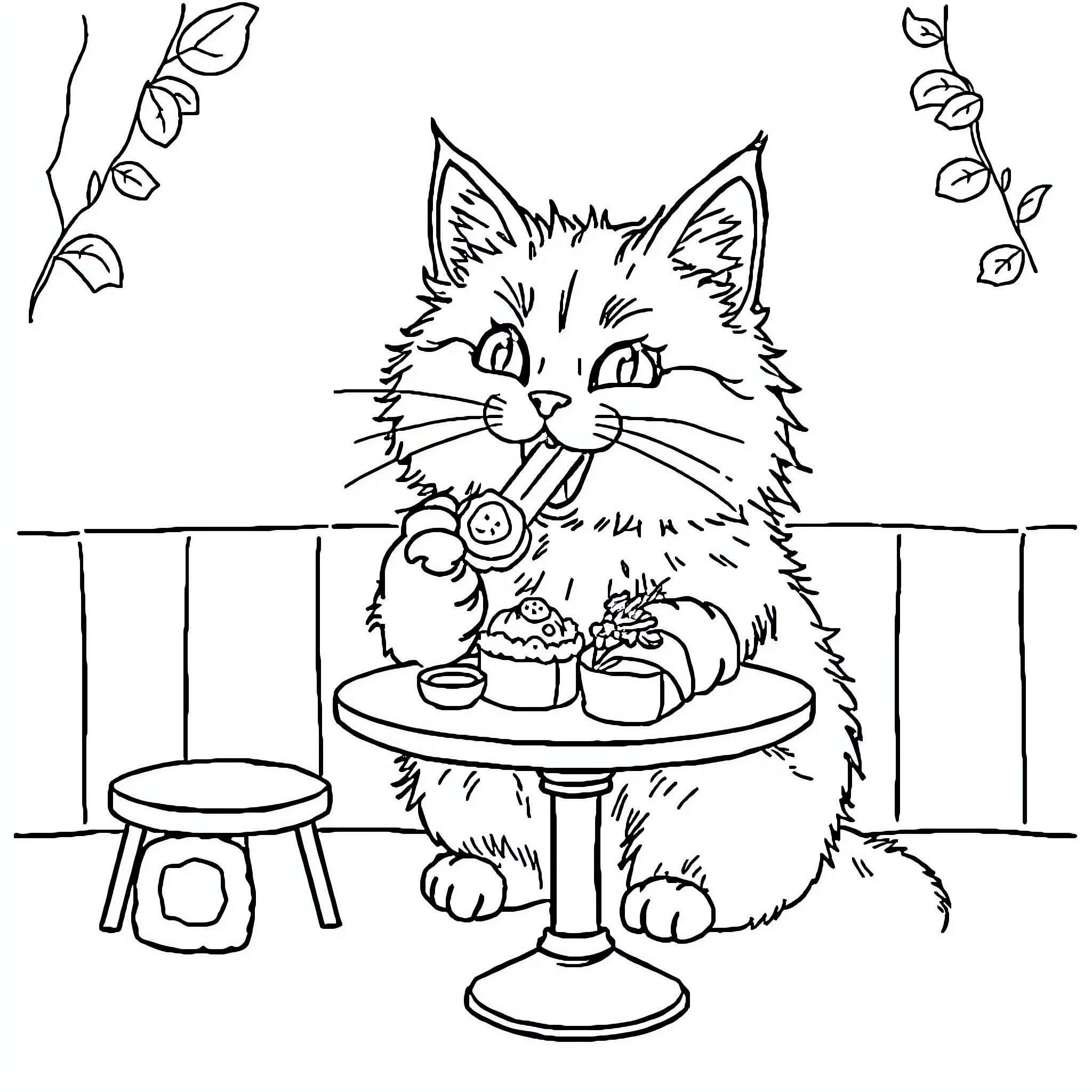 Cat enjoying cupcakes on a table Coloring Page (free black-and-white line drawing printable PDF for all, from beginners to advanced learners, including children, teens, adults, and seniors)