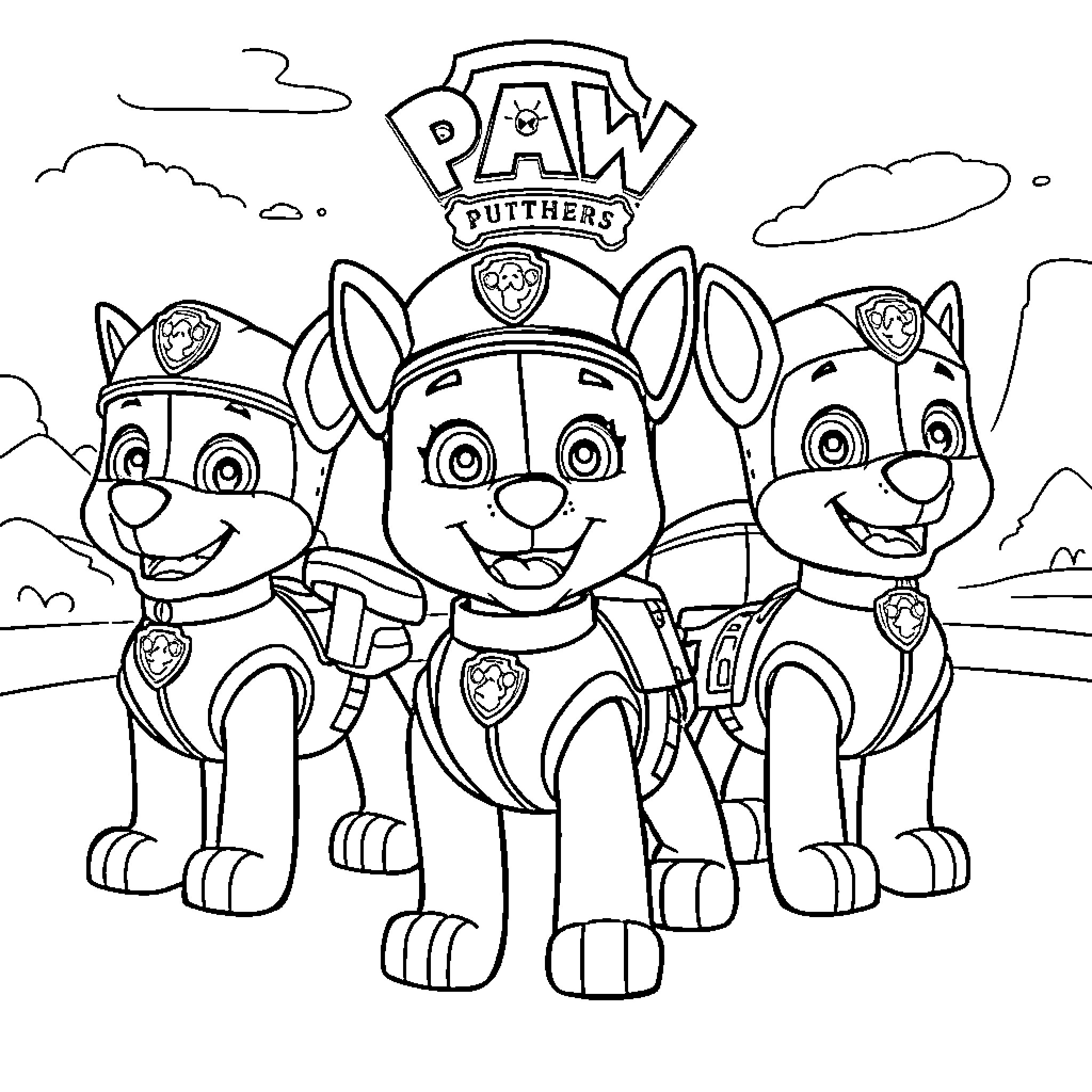 Paw Patrol pups ready for action Coloring Page (free black-and-white line drawing printable PDF for all, from beginners to advanced learners, including children, teens, adults, and seniors)