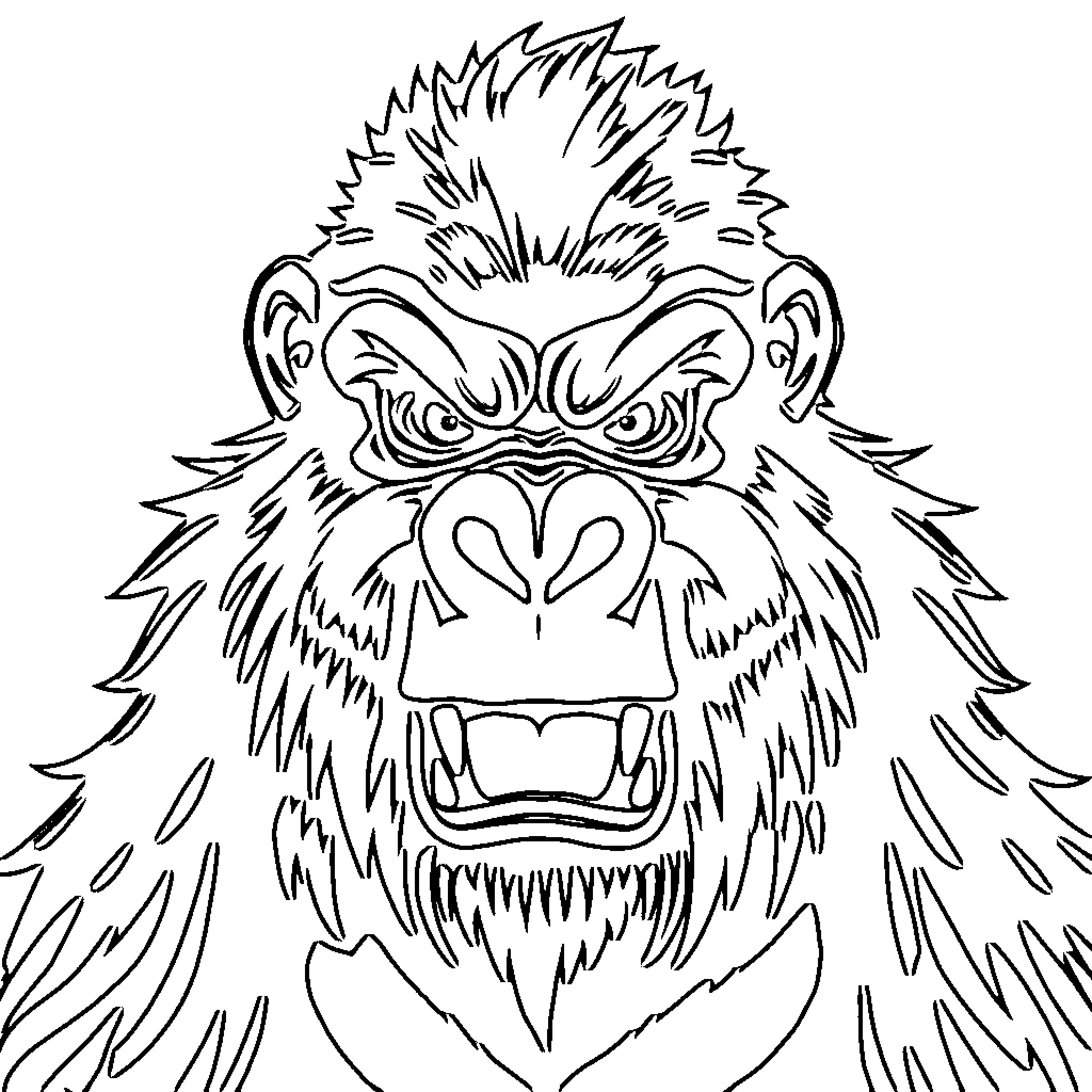 Gorilla with fierce expression and sharp teeth Coloring Page (free black-and-white line drawing printable PDF for all, from beginners to advanced learners, including children, teens, adults, and seniors)