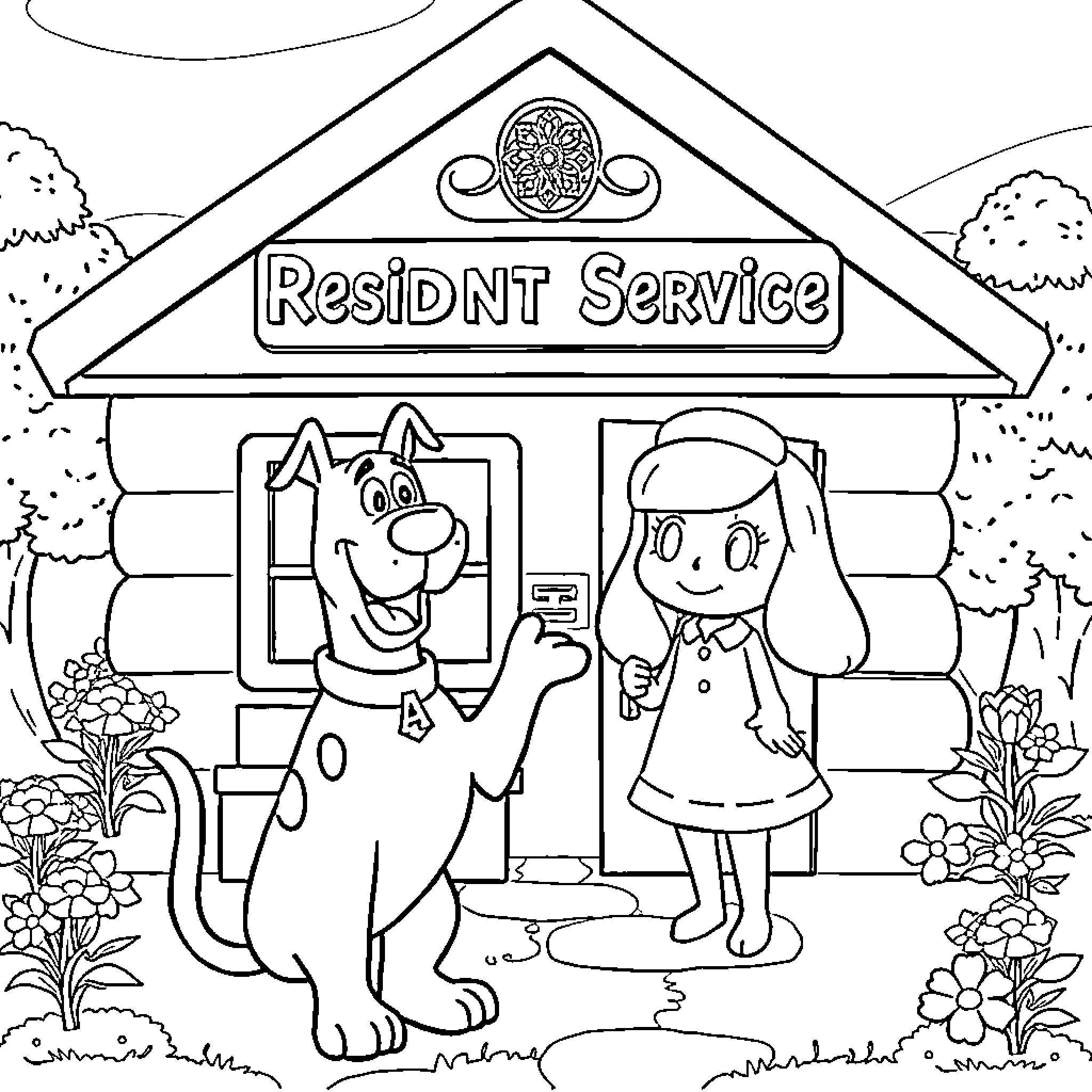 Scooby Doo and Velma at Resident Service Coloring Page (free black-and-white line drawing printable PDF for all, from beginners to advanced learners, including children, teens, adults, and seniors)