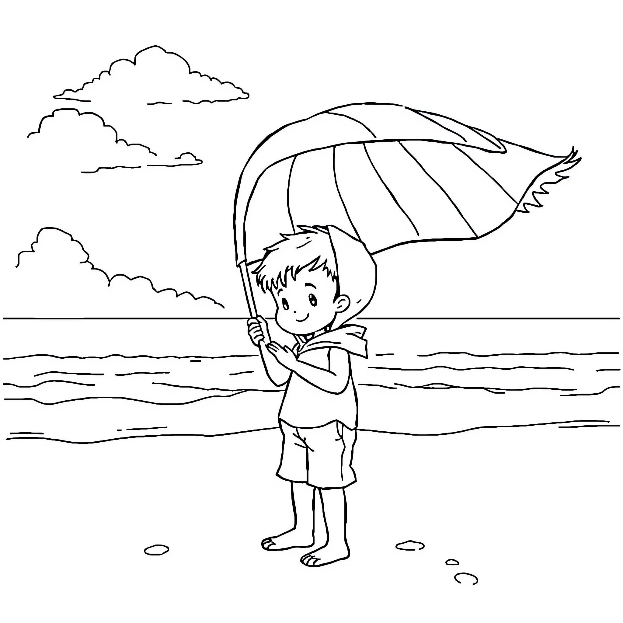 Boy walking with umbrella on the beach Coloring Page (free black-and-white line drawing printable PDF for all, from beginners to advanced learners, including children, teens, adults, and seniors)