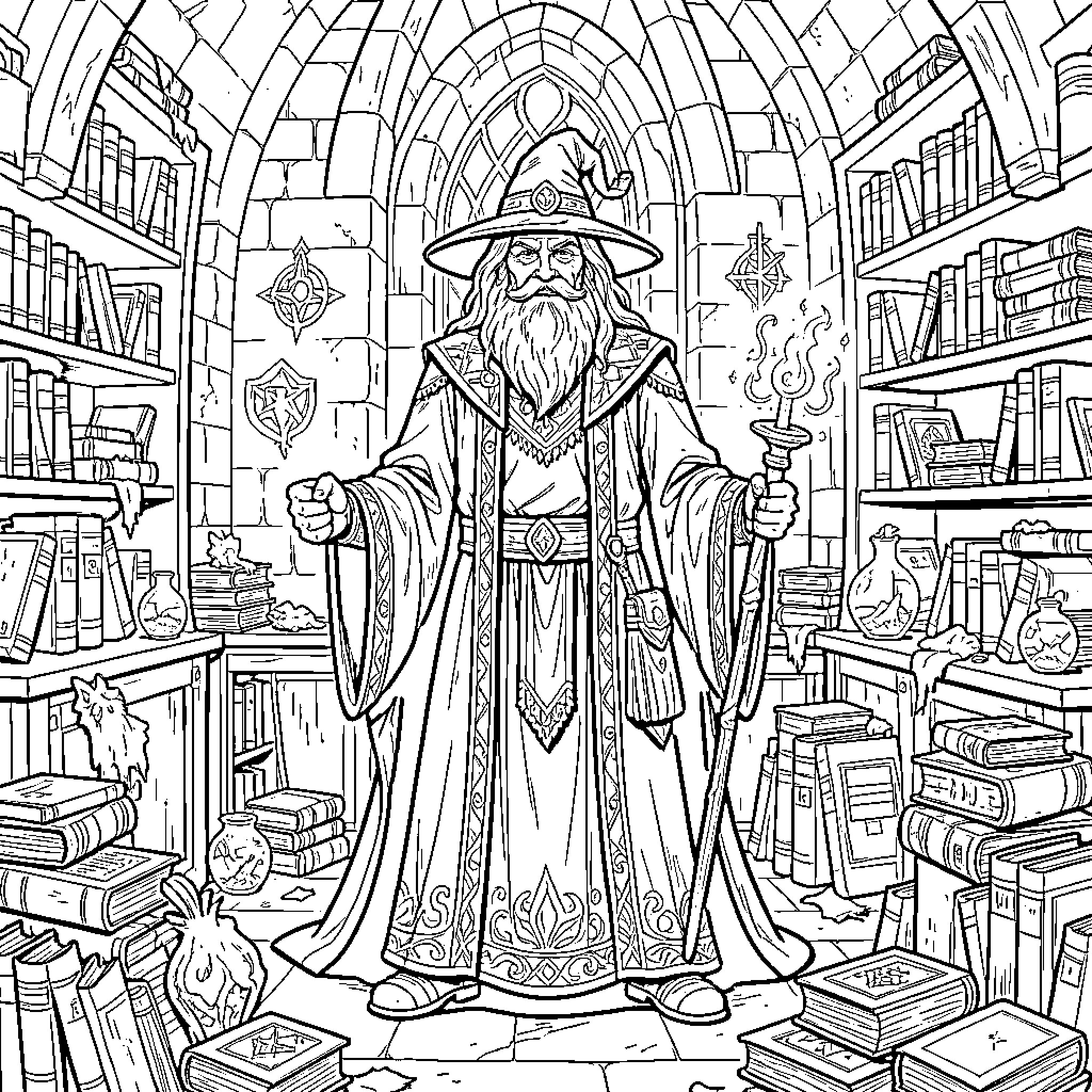 Tharian wizard standing with staff in a library Coloring Page (free black-and-white line drawing printable PDF for all, from beginners to advanced learners, including children, teens, adults, and seniors)
