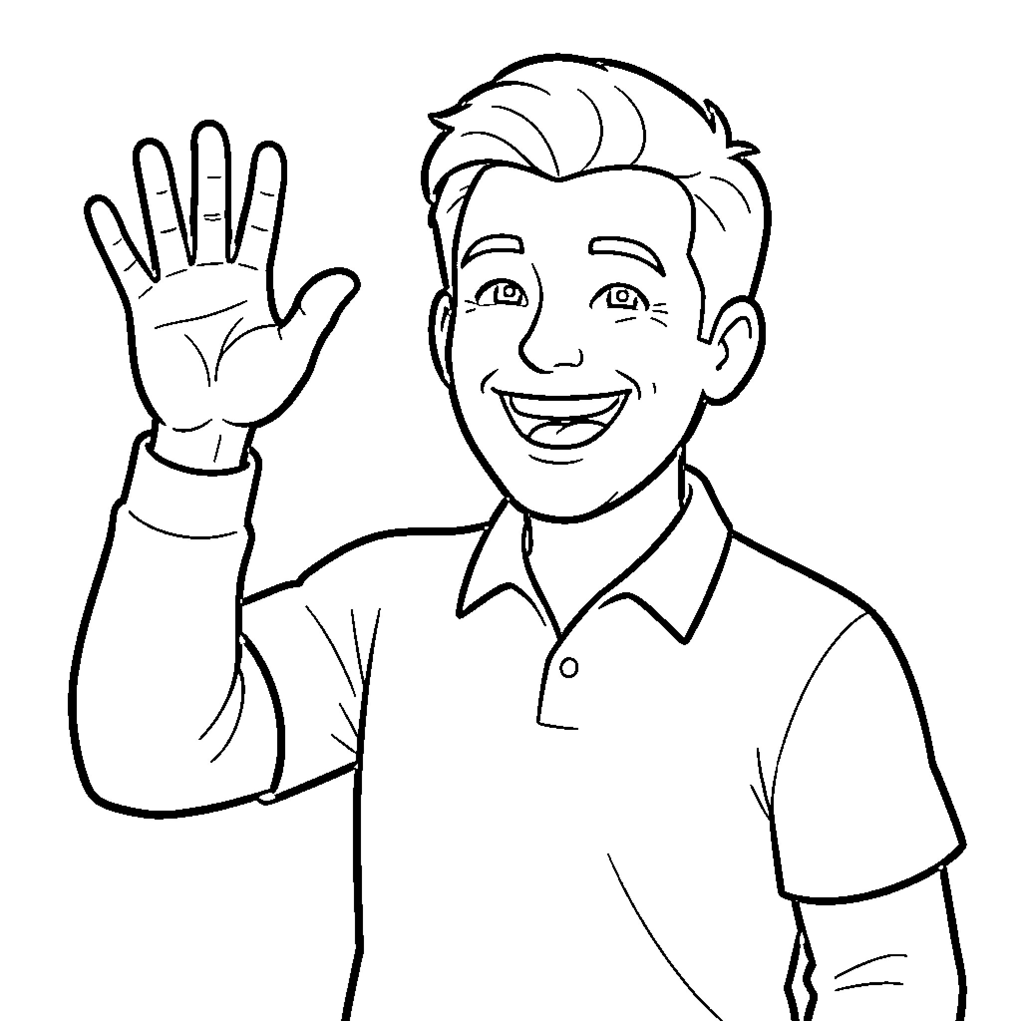 Man waving and smiling happily Coloring Page (free black-and-white line drawing printable PDF for all, from beginners to advanced learners, including children, teens, adults, and seniors)