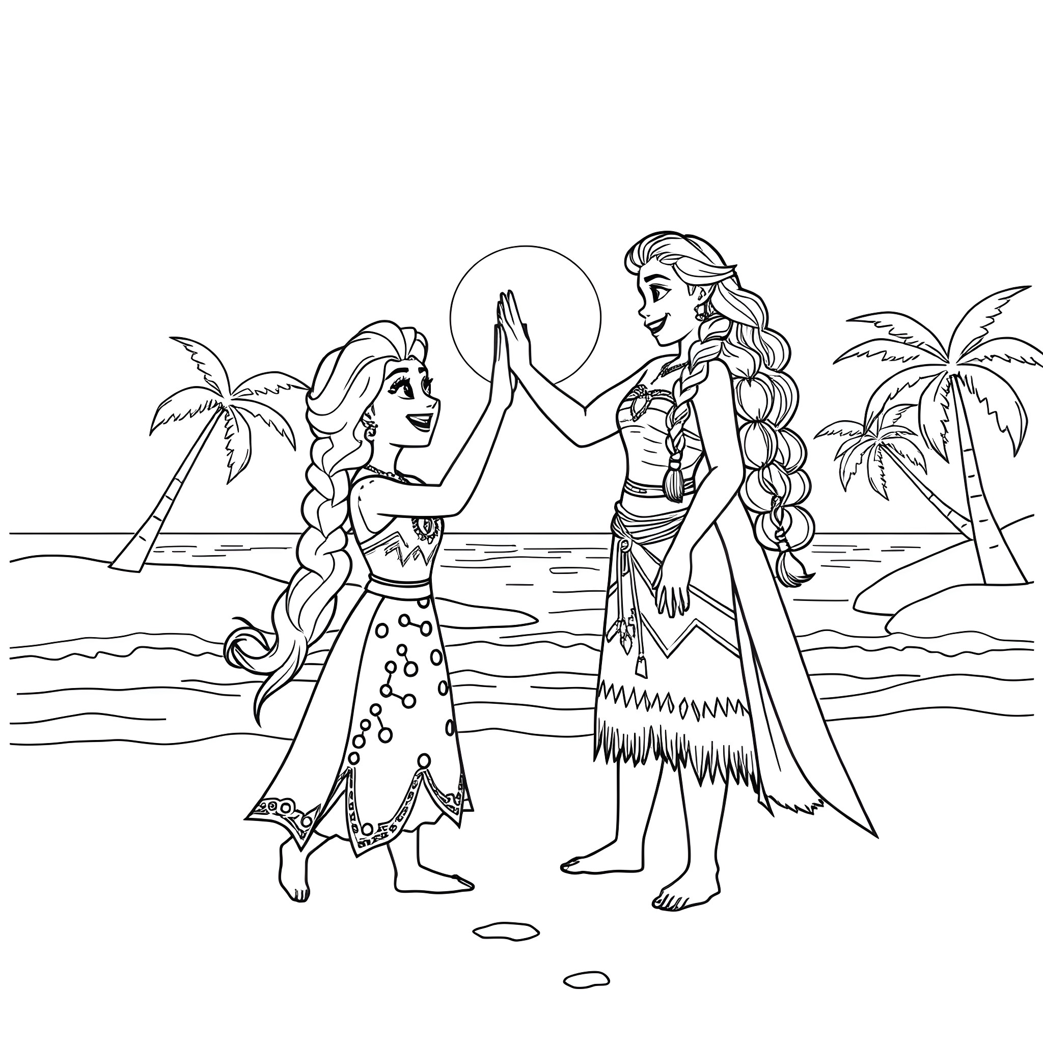 Moana and Maui's Tropical Adventure Coloring Page (free black-and-white line drawing printable PDF for all, from beginners to advanced learners, including children, teens, adults, and seniors)