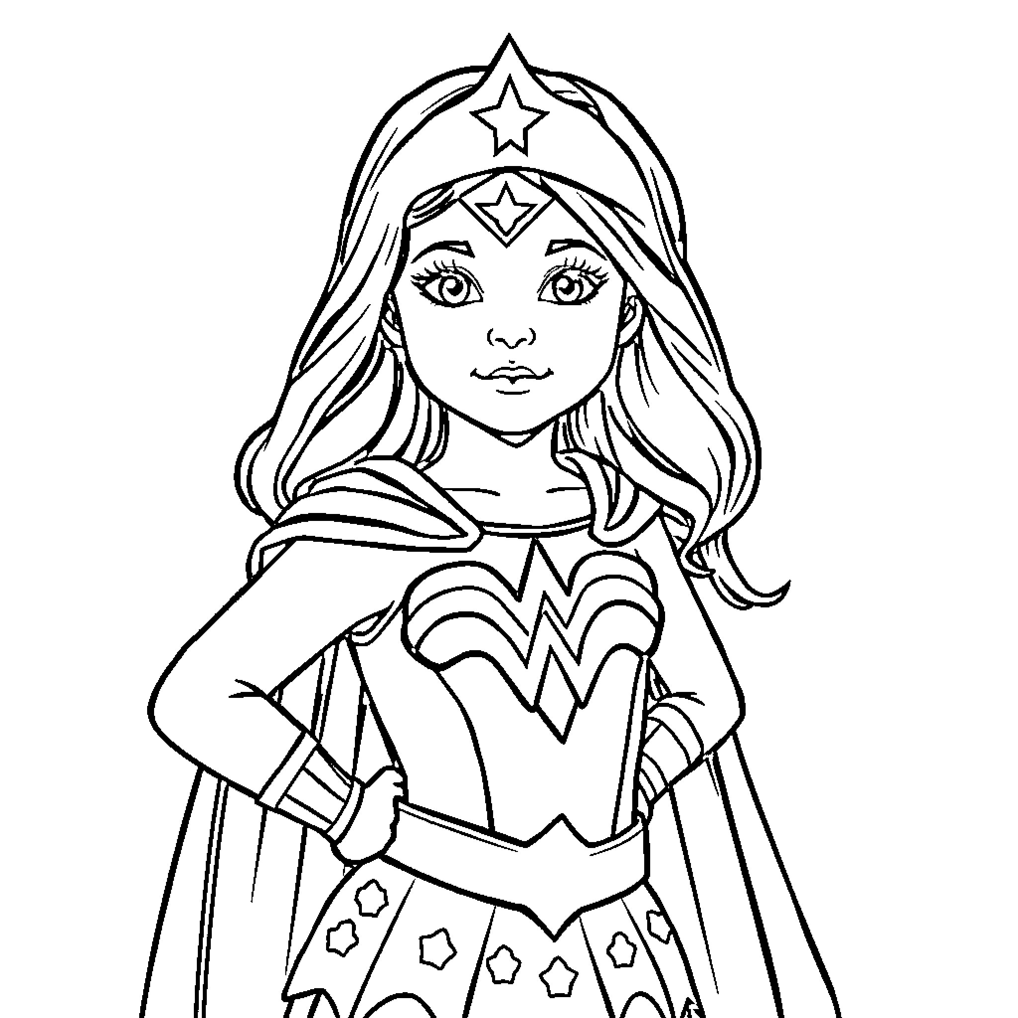 Wonder Woman in heroic pose with costume Coloring Page (free black-and-white line drawing printable PDF for all, from beginners to advanced learners, including children, teens, adults, and seniors)