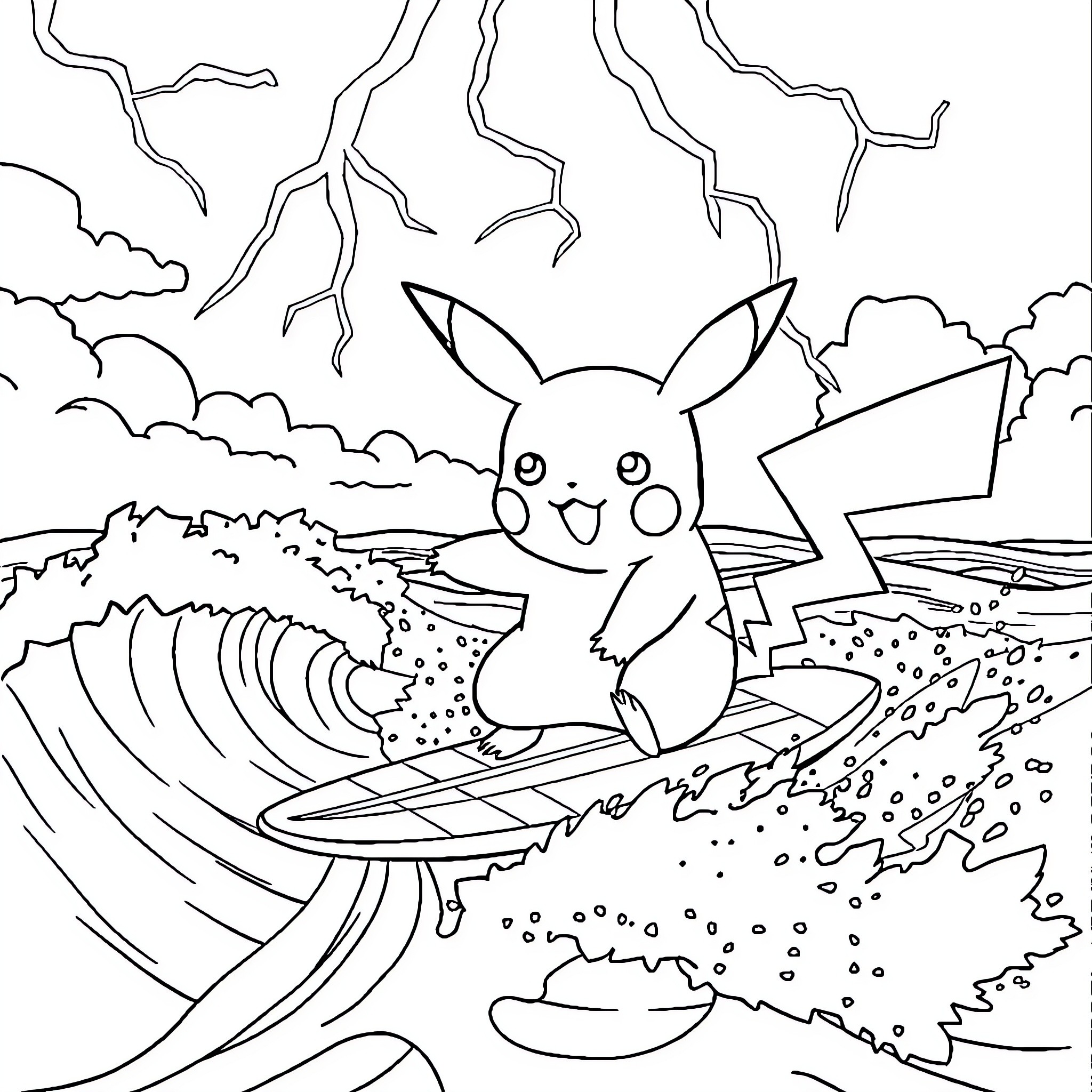 Pikachu surfing on a stormy sea Coloring Page (free black-and-white line drawing printable PDF for all, from beginners to advanced learners, including children, teens, adults, and seniors)
