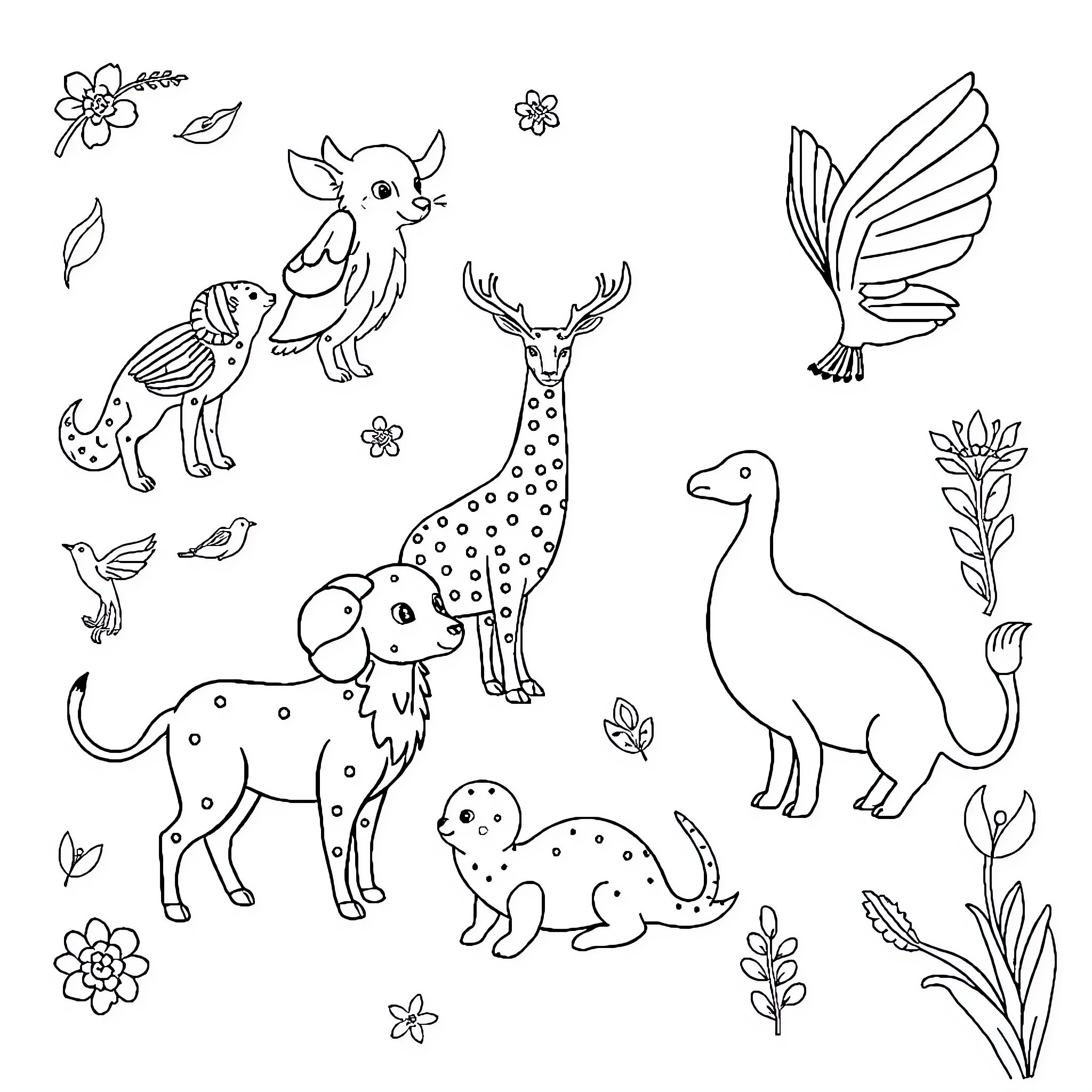 Animal silhouettes playing and exploring nature Coloring Page (free black-and-white line drawing printable PDF for all, from beginners to advanced learners, including children, teens, adults, and seniors)