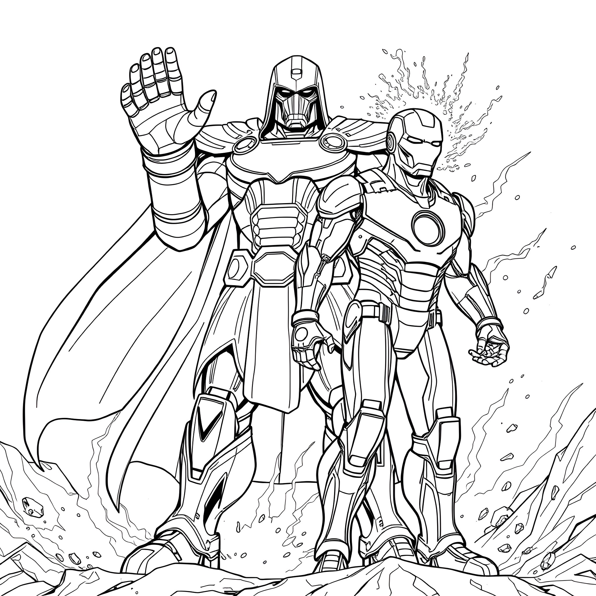 Doctor Doom Commanding Powerful Armored Figures Coloring Page (free black-and-white line drawing printable PDF for all, from beginners to advanced learners, including children, teens, adults, and seniors)