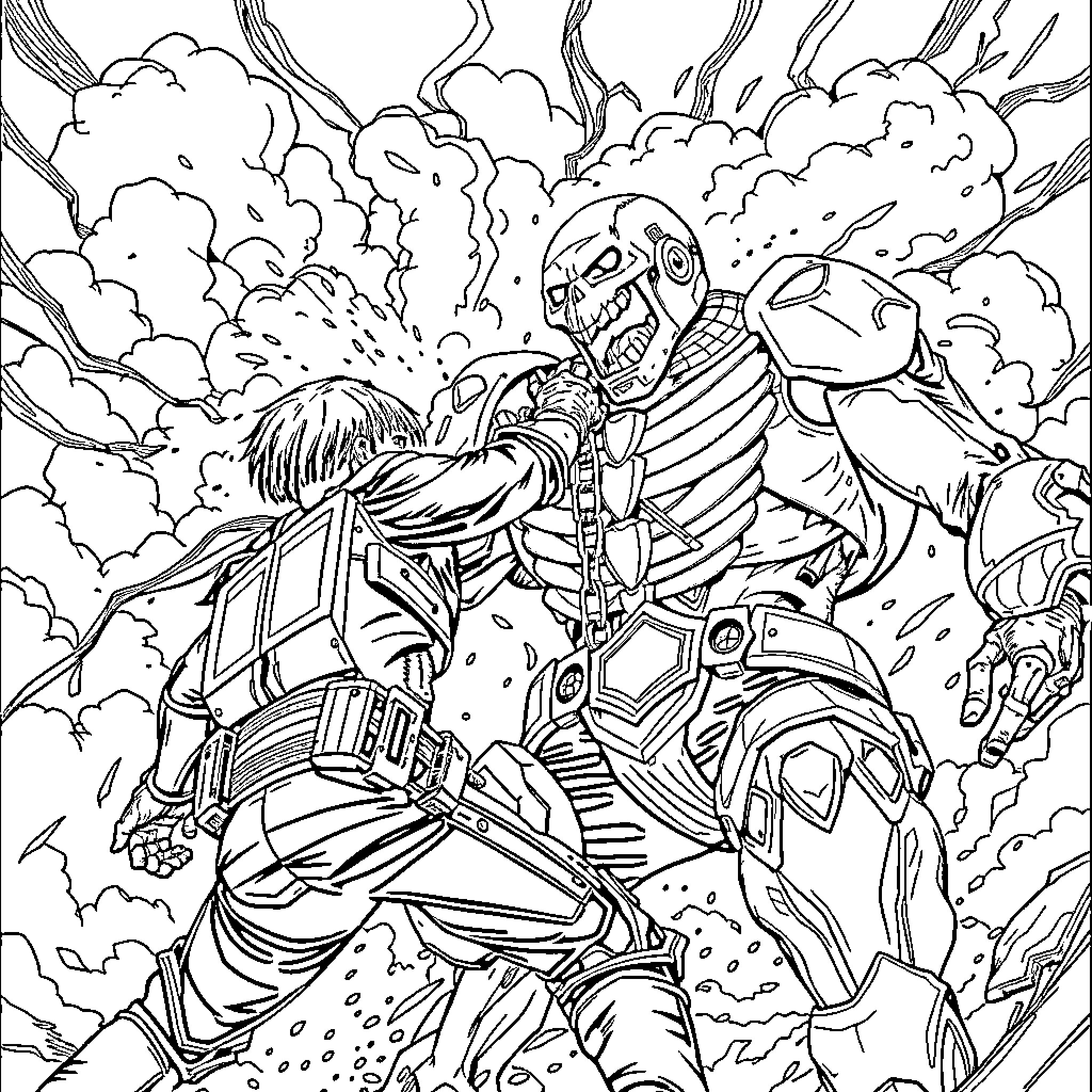 Titan's Destructive Rampage in the Clouded Chaos Coloring Page (free black-and-white line drawing printable PDF for all, from beginners to advanced learners, including children, teens, adults, and seniors)