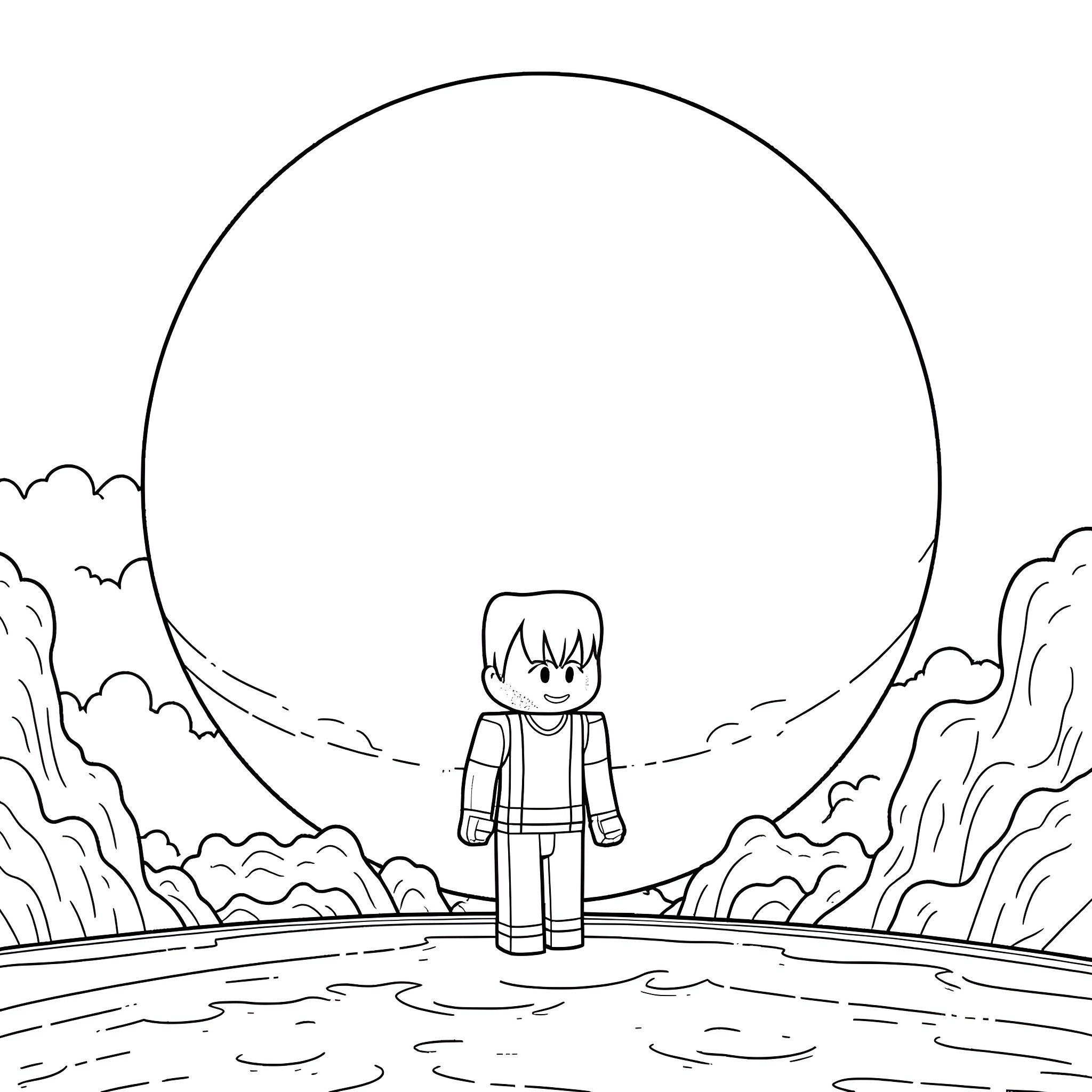 Steve standing in a surreal landscape with a large moon Coloring Page (free black-and-white line drawing printable PDF for all, from beginners to advanced learners, including children, teens, adults, and seniors)