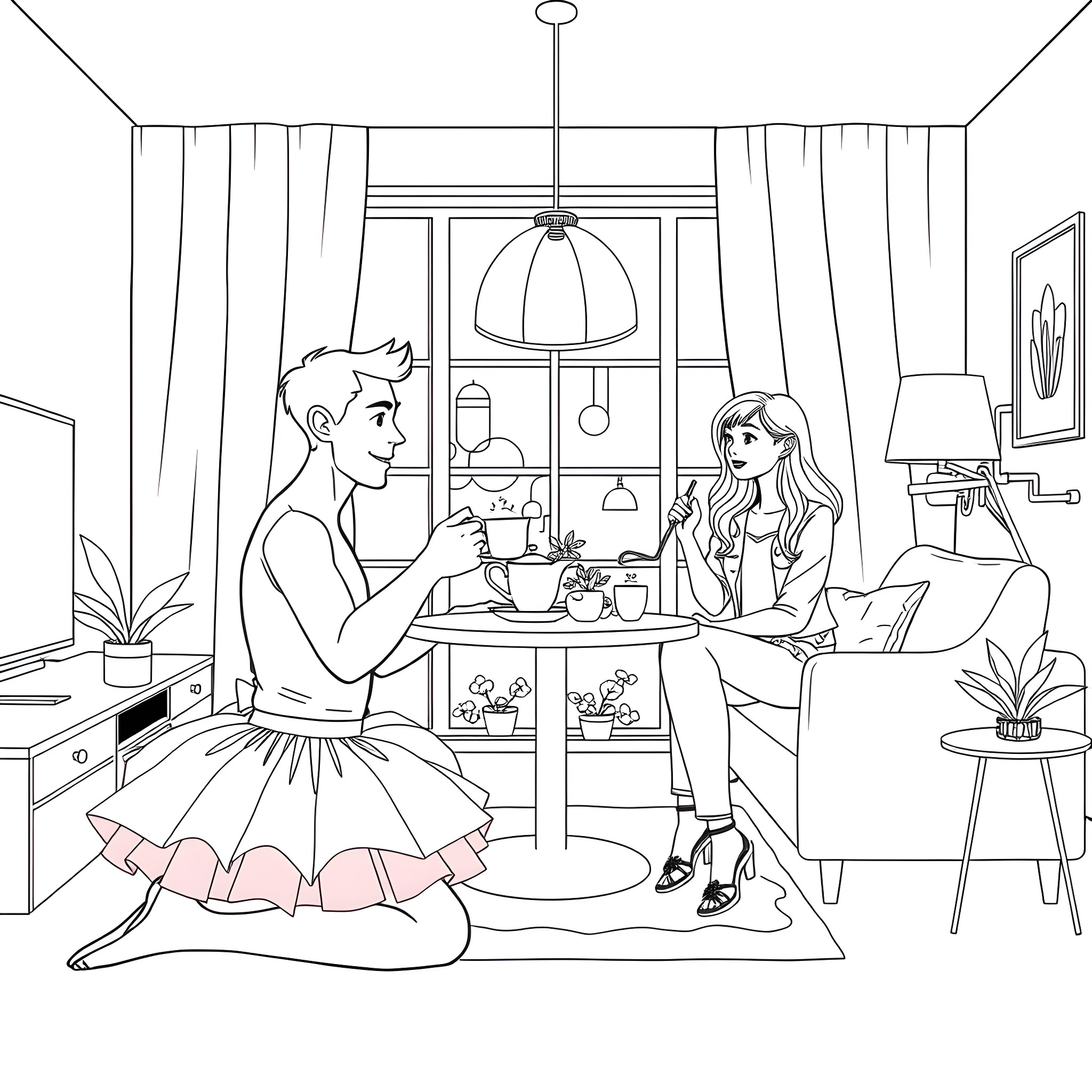 Man and woman having coffee in cozy home setting Coloring Page (free black-and-white line drawing printable PDF for all, from beginners to advanced learners, including children, teens, adults, and seniors)