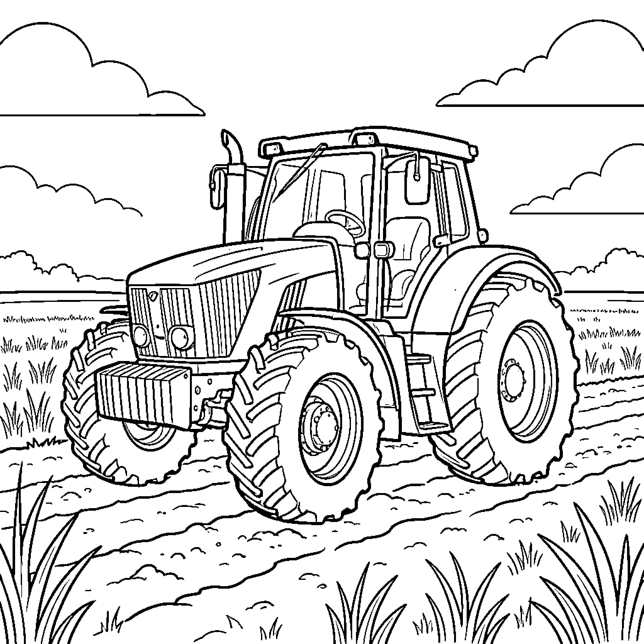 Tractor working in the countryside Coloring Page (free black-and-white line drawing printable PDF for all, from beginners to advanced learners, including children, teens, adults, and seniors)
