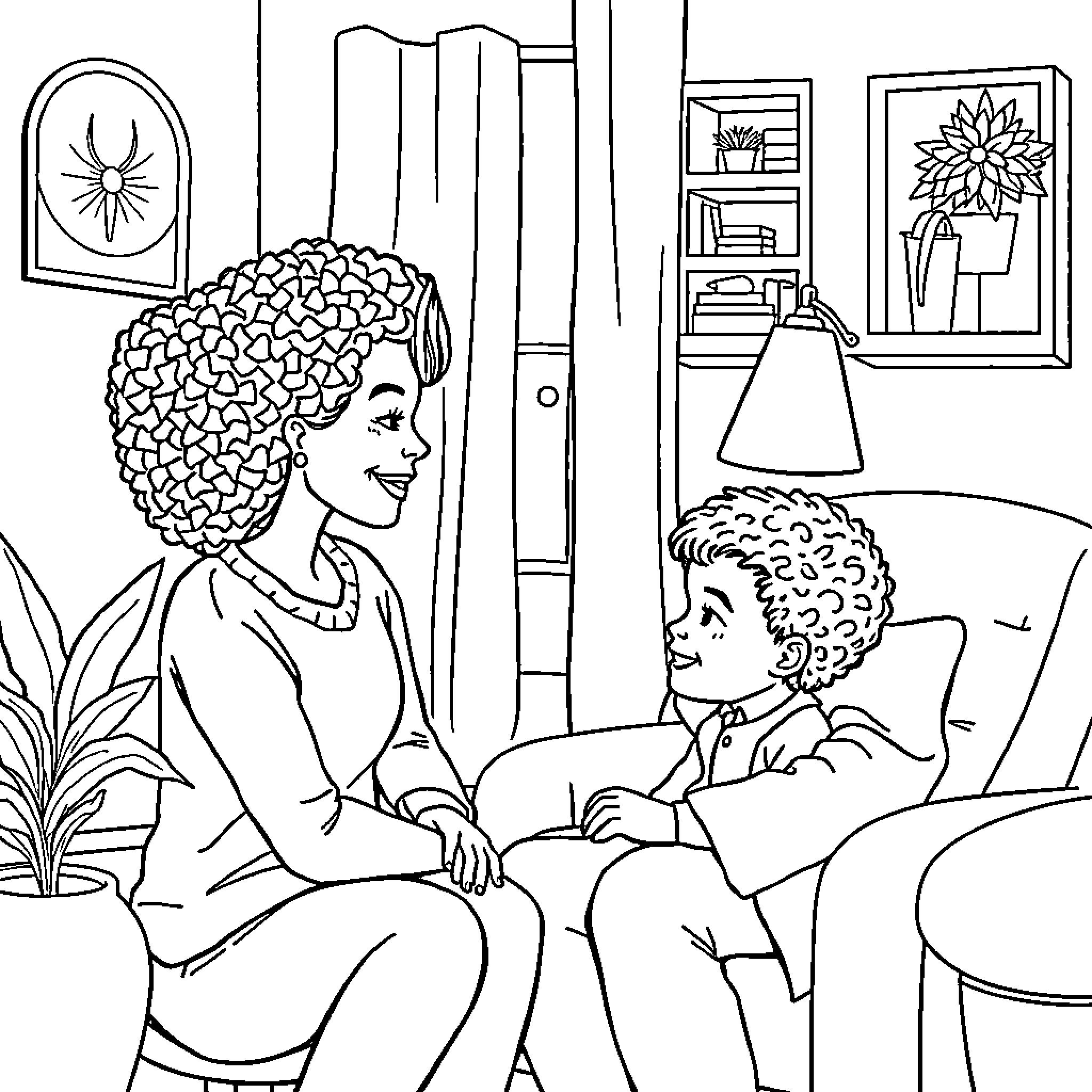 Psychiatrist Engages with Patient in Therapeutic Setting Coloring Page (free black-and-white line drawing printable PDF for all, from beginners to advanced learners, including children, teens, adults, and seniors)