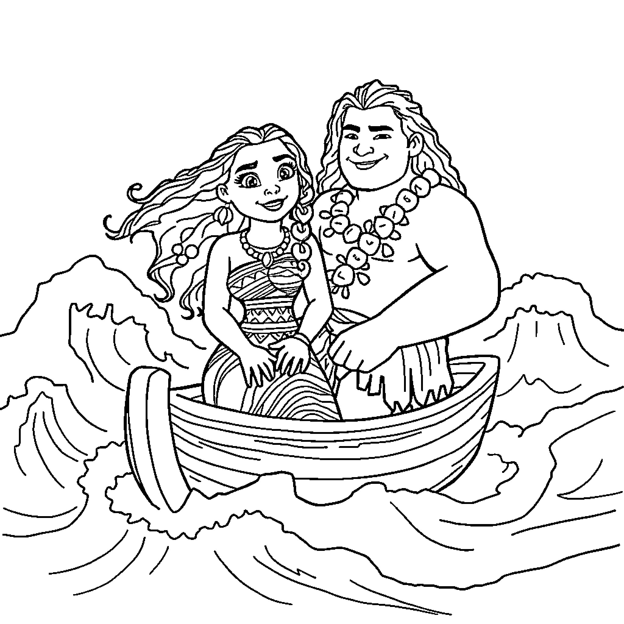Moana and Maui sailing on the ocean Coloring Page (free black-and-white line drawing printable PDF for all, from beginners to advanced learners, including children, teens, adults, and seniors)