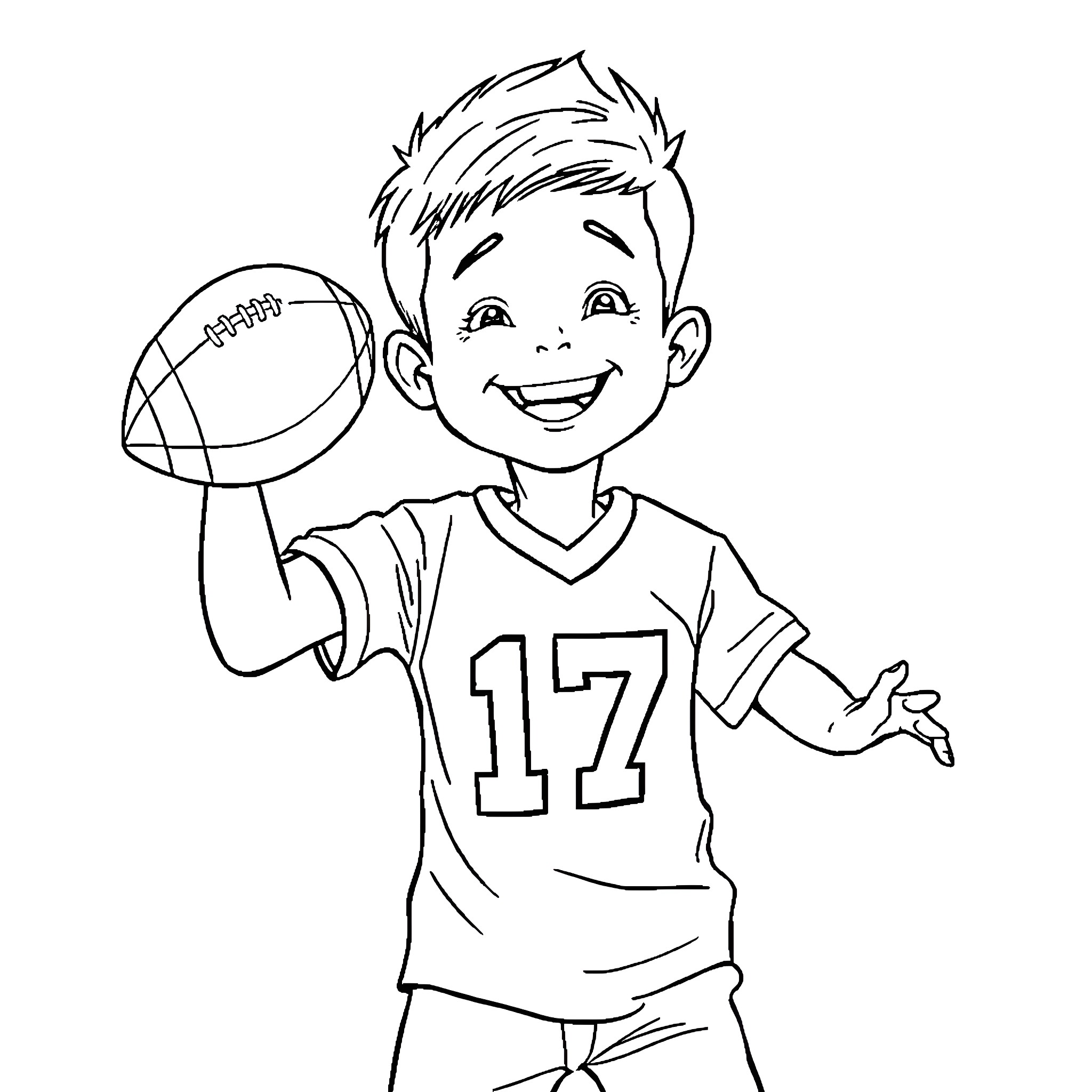 Boy Happily Playing with Football in Uniform Coloring Page (free black-and-white line drawing printable PDF for all, from beginners to advanced learners, including children, teens, adults, and seniors)
