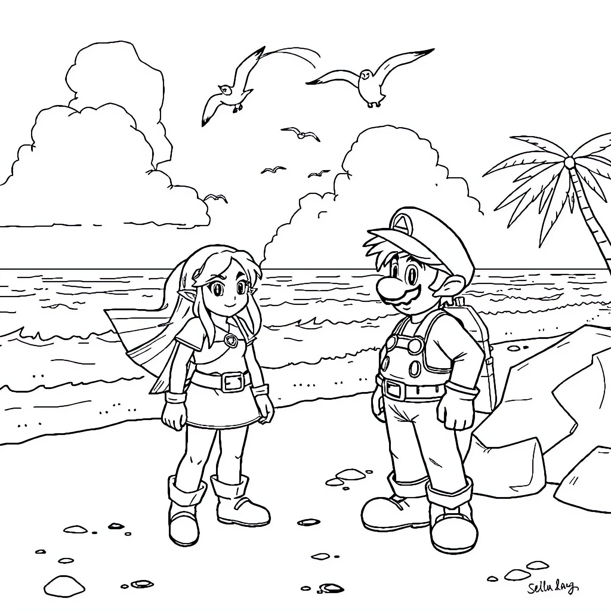 Zelda and Link explore the beach adventure Coloring Page (free black-and-white line drawing printable PDF for all, from beginners to advanced learners, including children, teens, adults, and seniors)