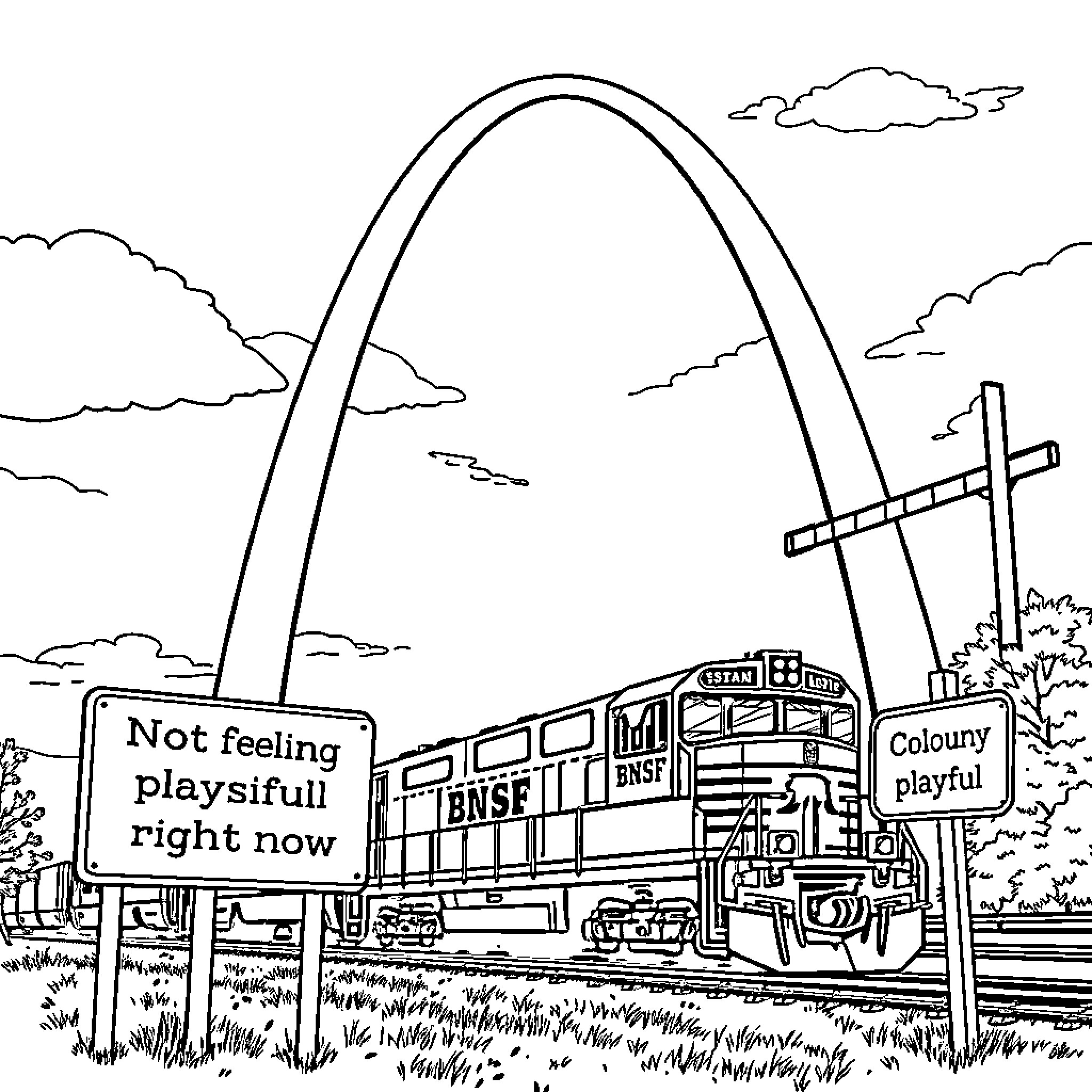 Arch of Curiosity: A Playful Urban Scene Coloring Page (free black-and-white line drawing printable PDF for all, from beginners to advanced learners, including children, teens, adults, and seniors)