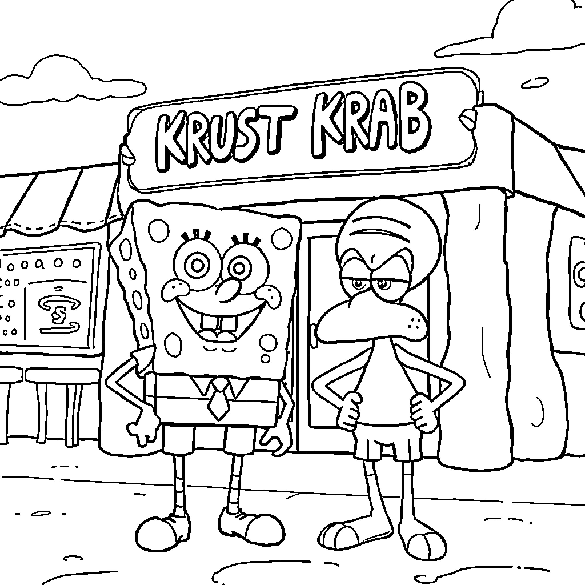 Spongebob and friends at the Krust Krab restaurant Coloring Page (free black-and-white line drawing printable PDF for all, from beginners to advanced learners, including children, teens, adults, and seniors)