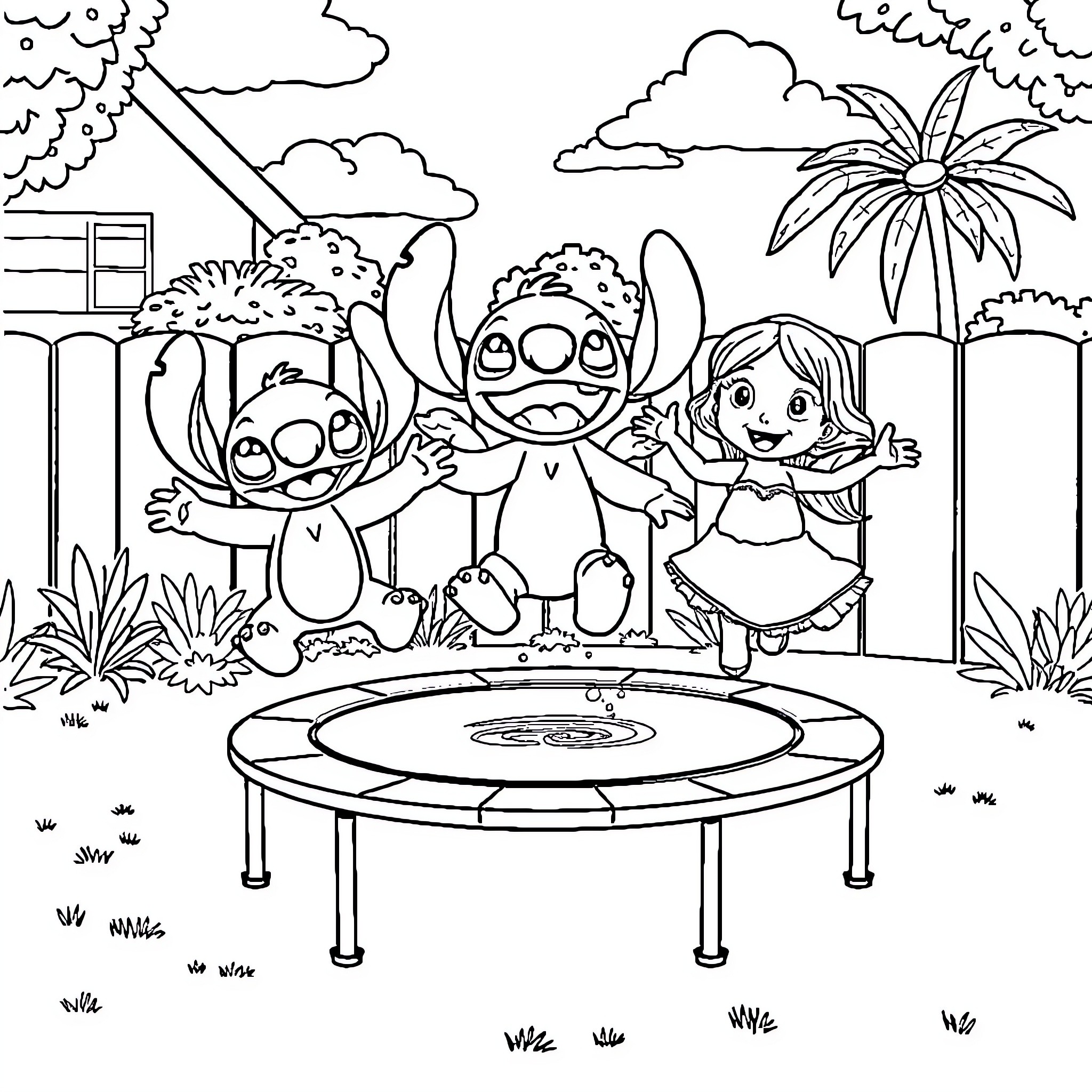 Stitch and Lilo playing on a trampoline Coloring Page (free black-and-white line drawing printable PDF for all, from beginners to advanced learners, including children, teens, adults, and seniors)