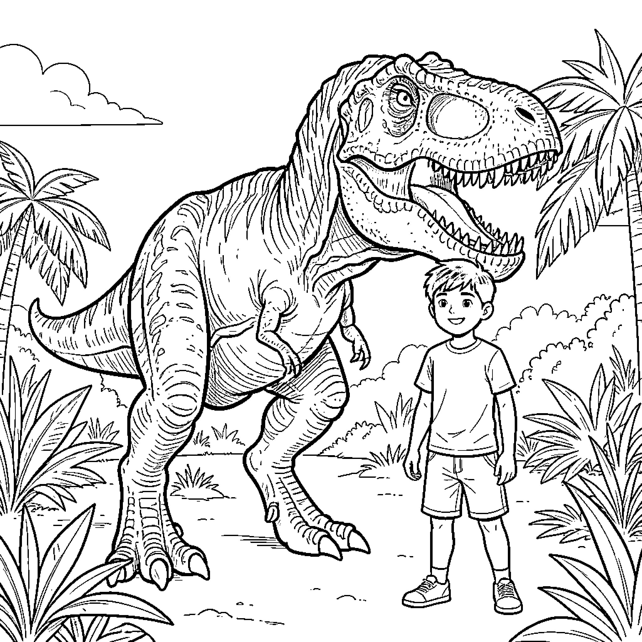 Man exploring the dinosaur jungle with T-Rex Coloring Page (free black-and-white line drawing printable PDF for all, from beginners to advanced learners, including children, teens, adults, and seniors)