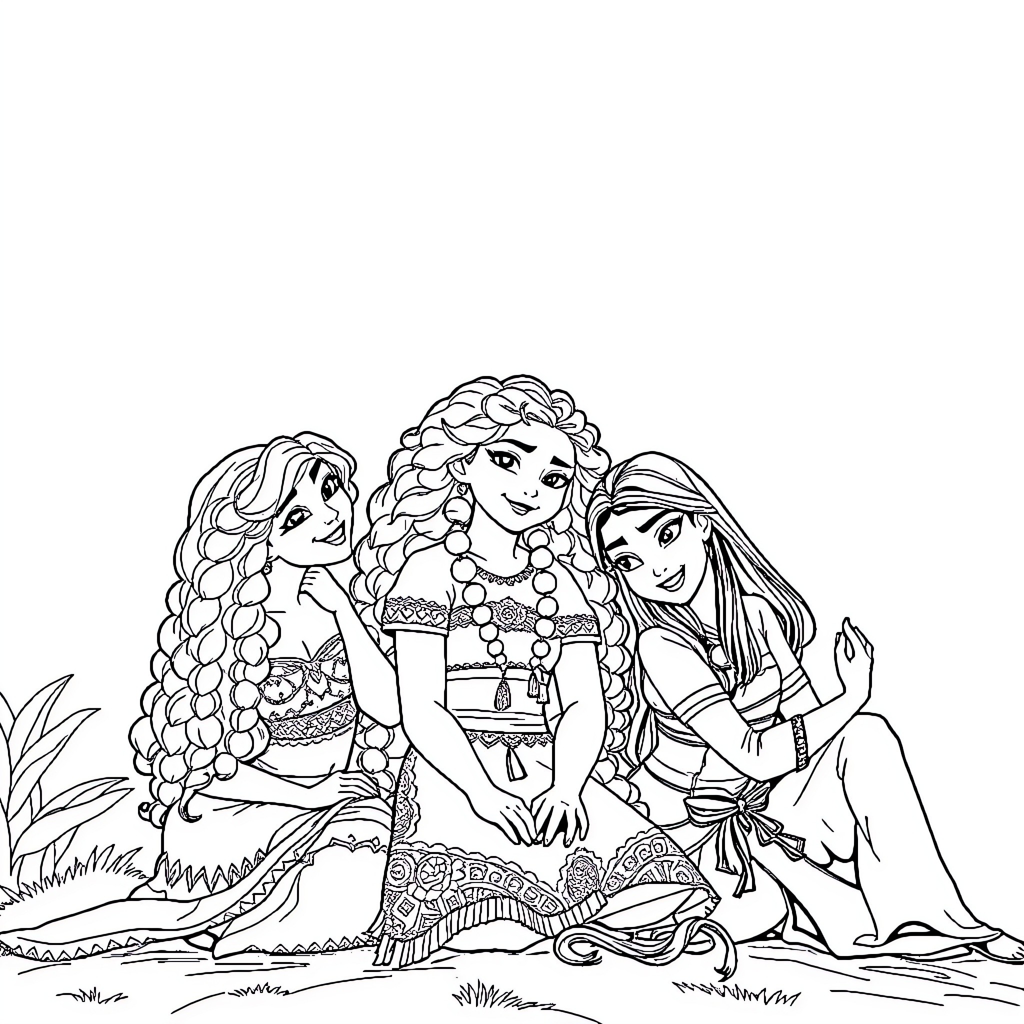 Princess and her friends enjoying nature's beauty Coloring Page (free black-and-white line drawing printable PDF for all, from beginners to advanced learners, including children, teens, adults, and seniors)