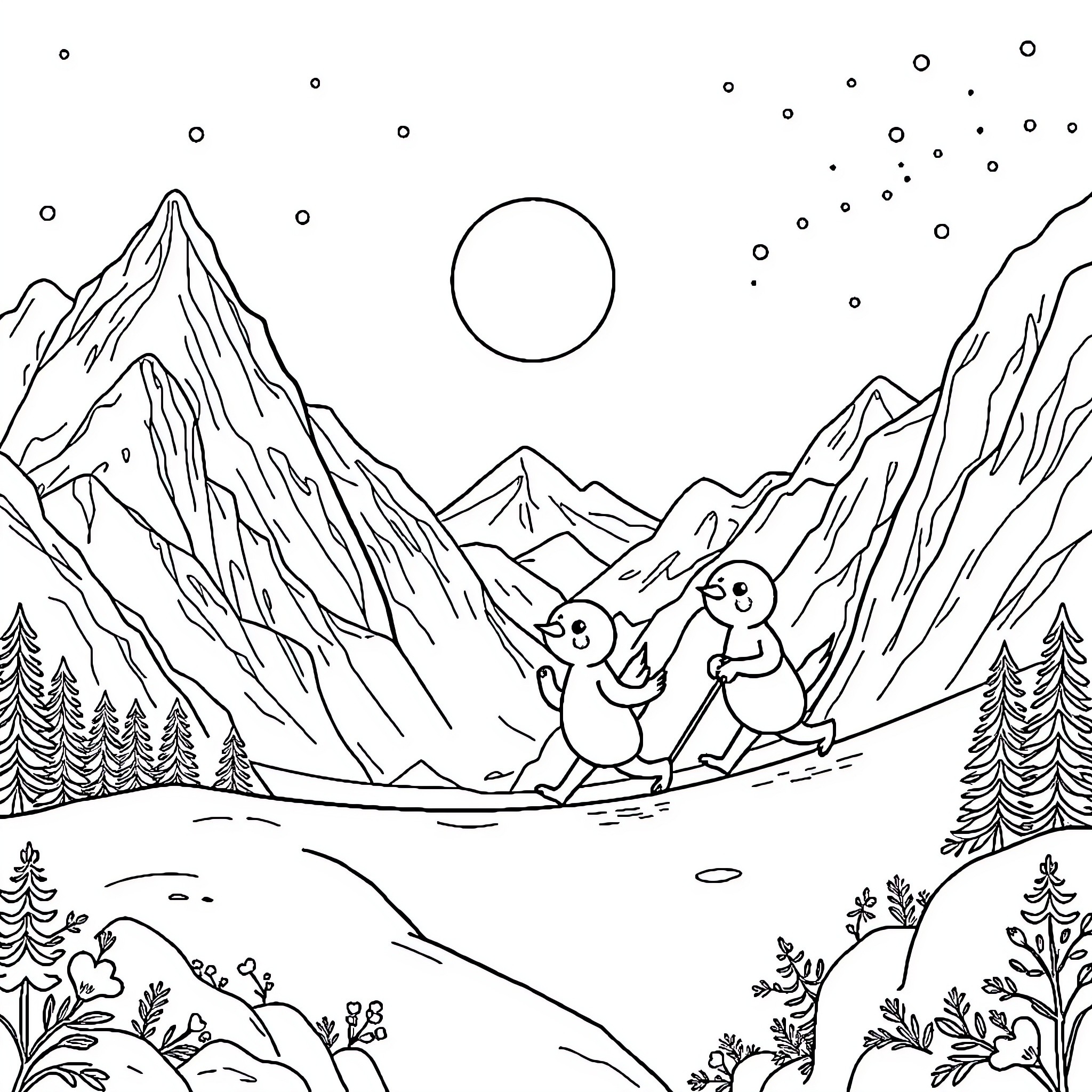 Lutin Creatures Enjoying the Mountainous Landscape Coloring Page (free black-and-white line drawing printable PDF for all, from beginners to advanced learners, including children, teens, adults, and seniors)