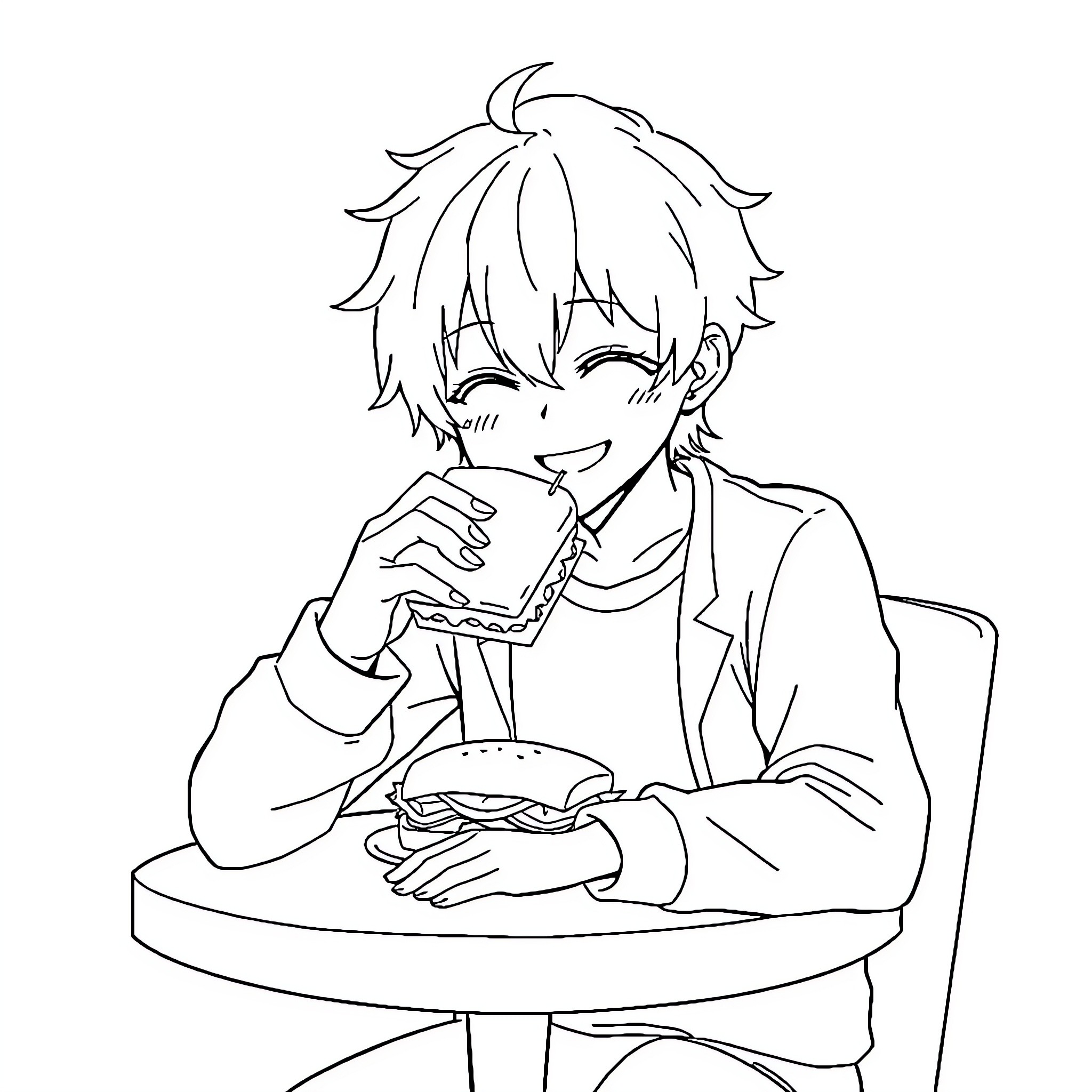 Chuuya Nakahara enjoying a meal Coloring Page (free black-and-white line drawing printable PDF for all, from beginners to advanced learners, including children, teens, adults, and seniors)
