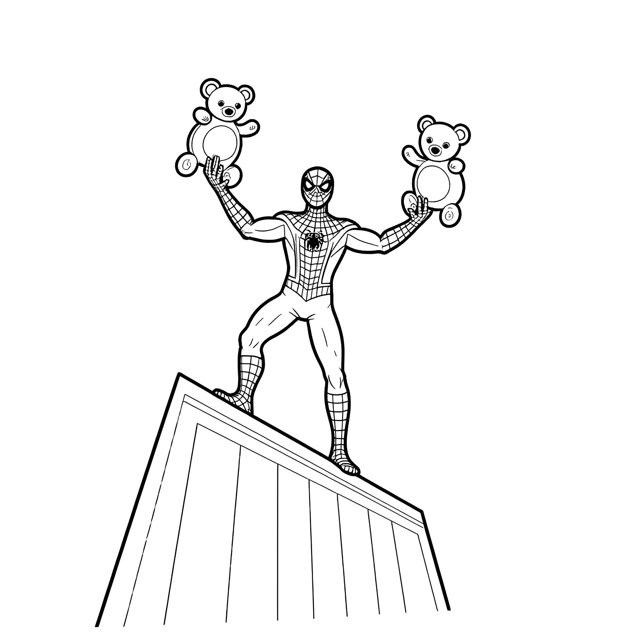 Spiderman playing with stuffed bears on a platform Coloring Page (free black-and-white line drawing printable PDF for all, from beginners to advanced learners, including children, teens, adults, and seniors)
