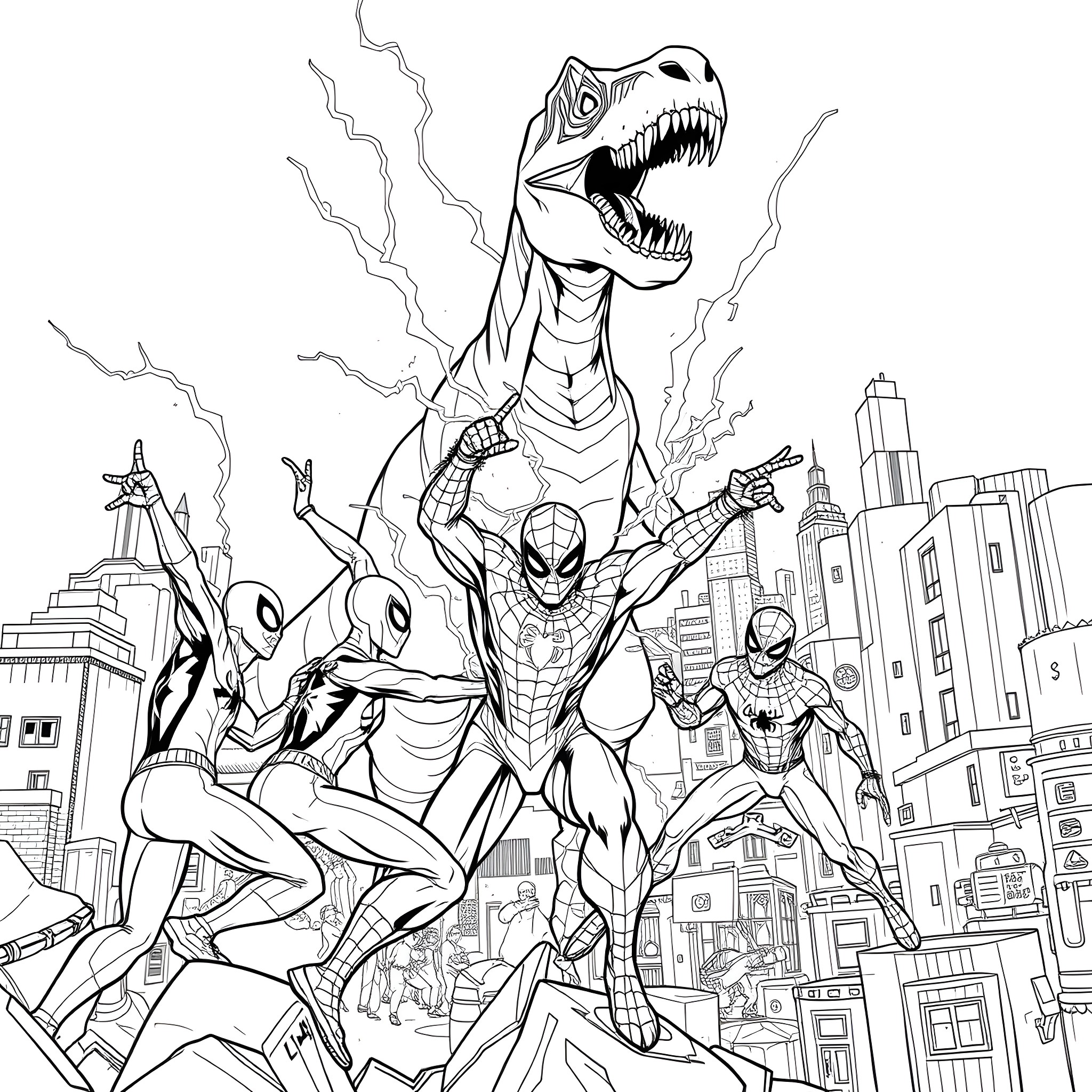 Spidey superheroes battling a monstrous foe in the city Coloring Page (free black-and-white line drawing printable PDF for all, from beginners to advanced learners, including children, teens, adults, and seniors)