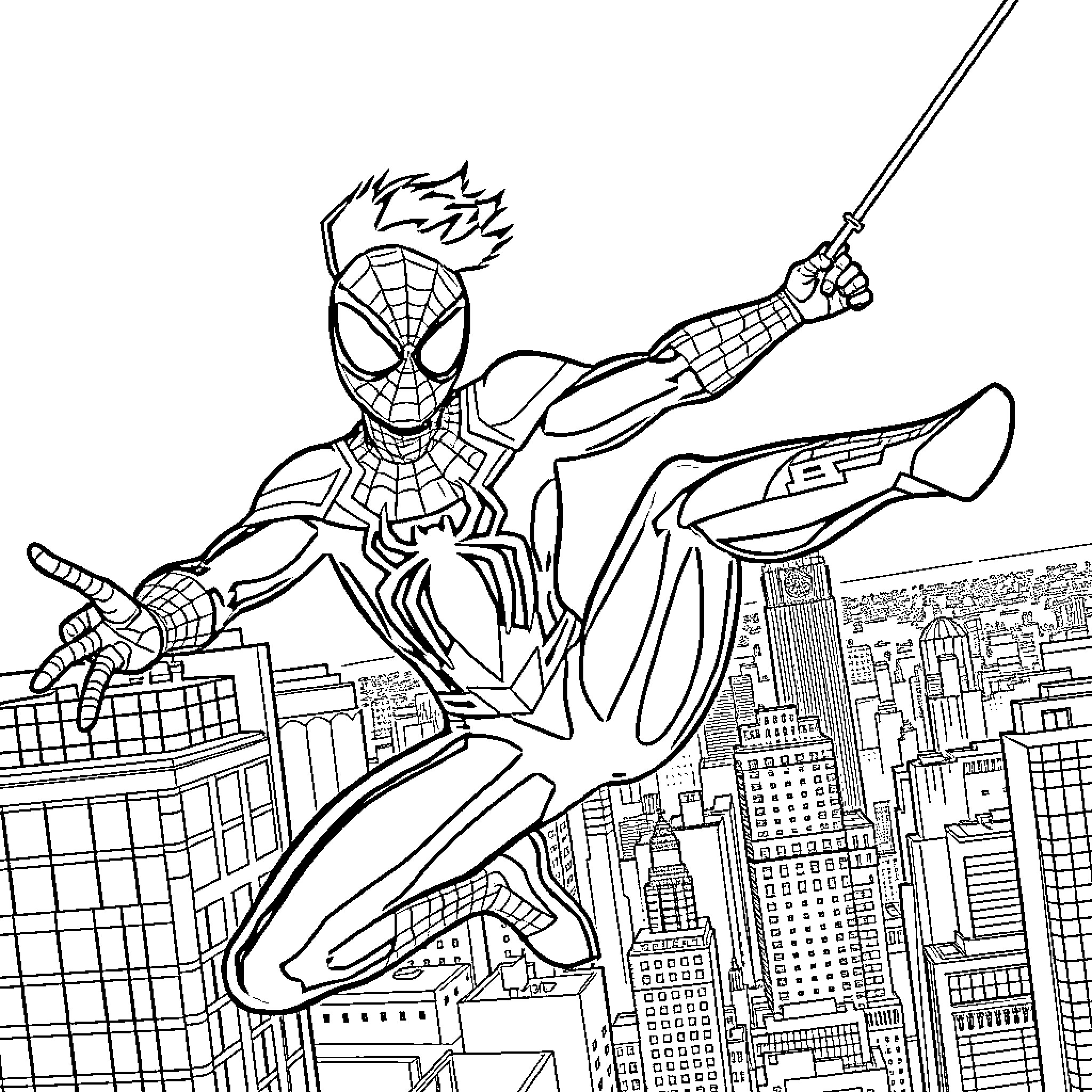 Miles Morales swinging through the city skyline Coloring Page (free black-and-white line drawing printable PDF for all, from beginners to advanced learners, including children, teens, adults, and seniors)