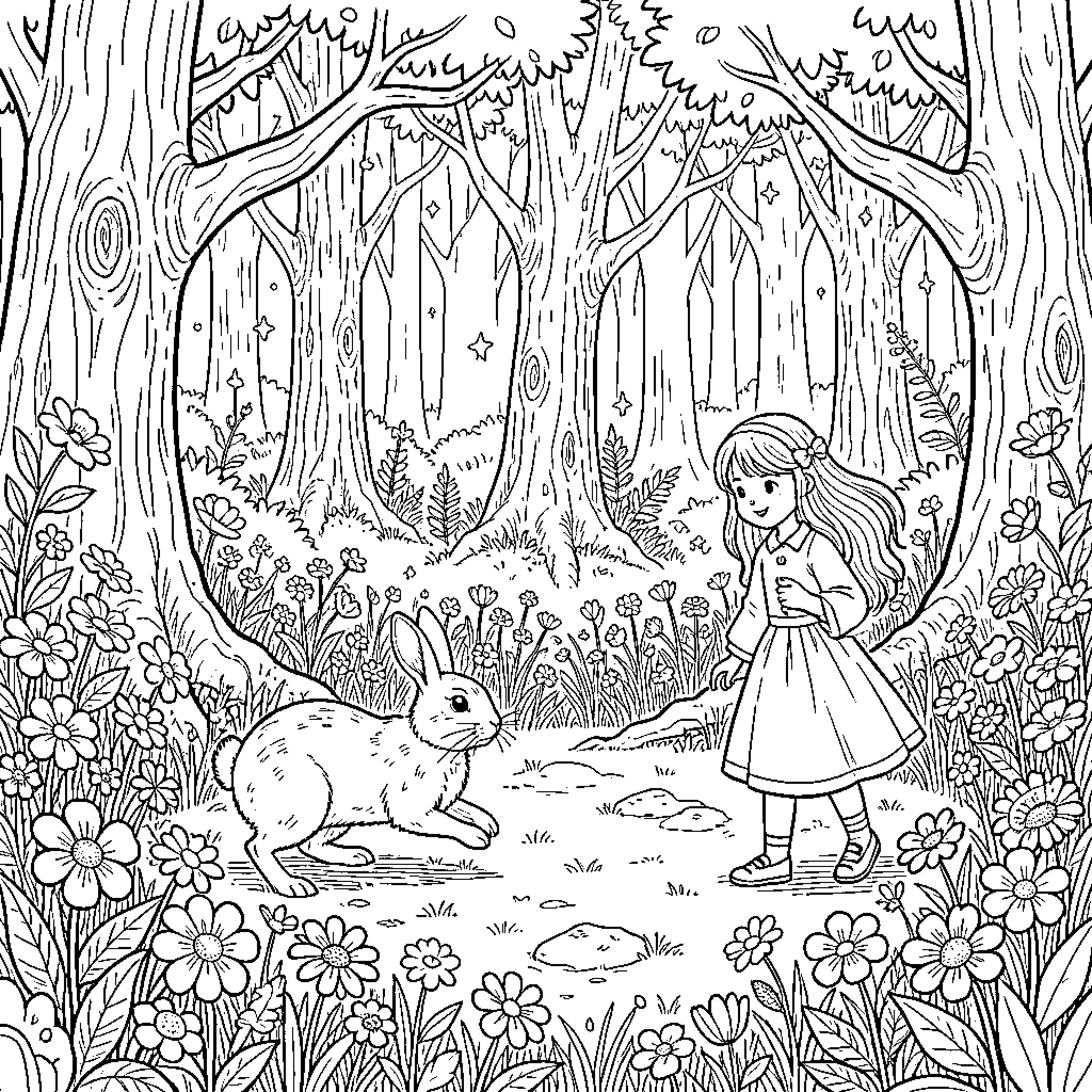 Rabbit in the Enchanted Forest Coloring Page (free black-and-white line drawing printable PDF for all, from beginners to advanced learners, including children, teens, adults, and seniors)