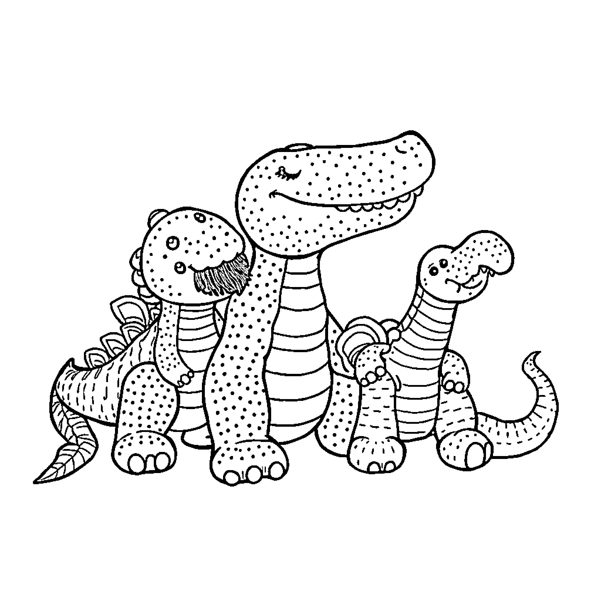 Animal Family of Patterned Dinosaurs Coloring Page (free black-and-white line drawing printable PDF for all, from beginners to advanced learners, including children, teens, adults, and seniors)