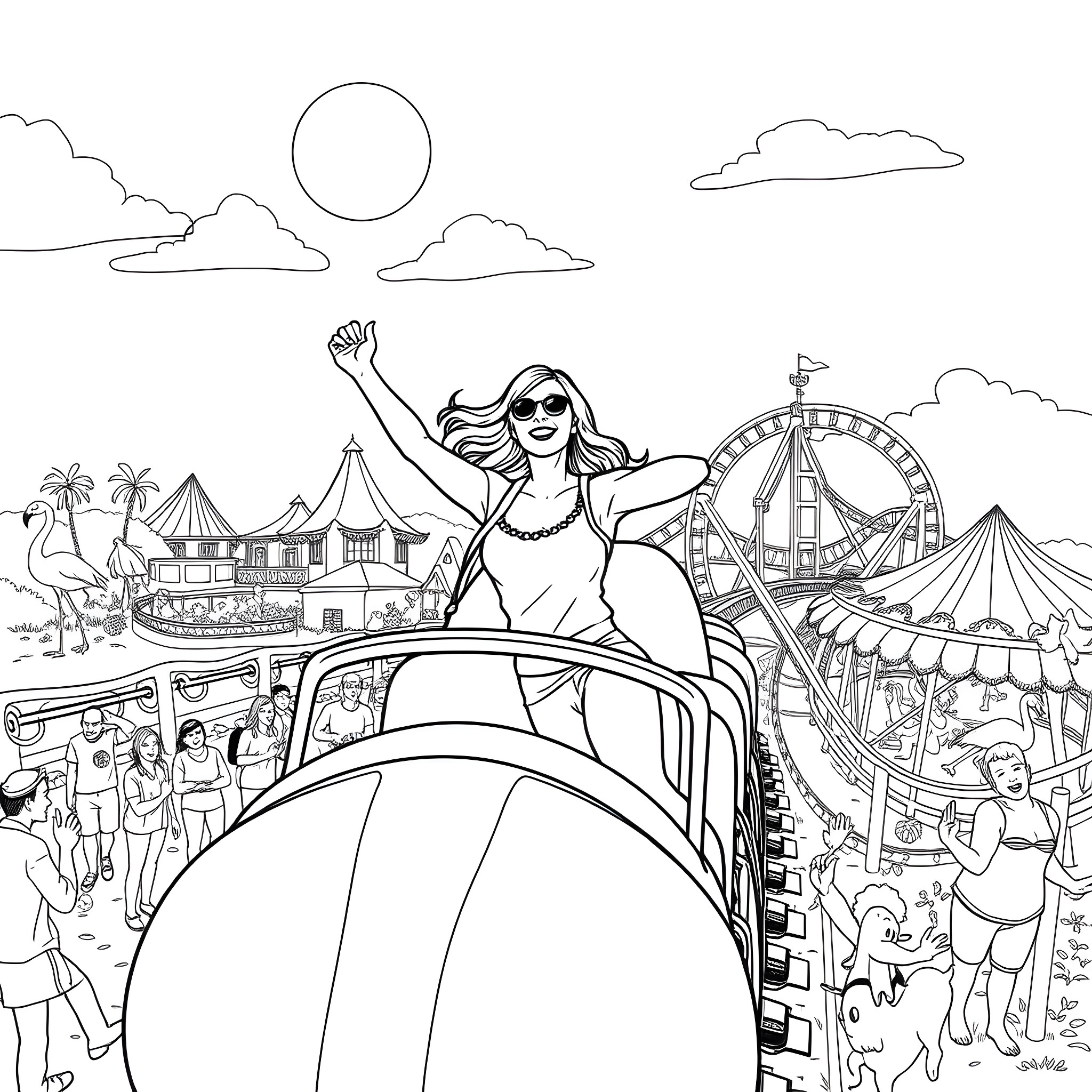 Woman enjoying the carnival atmosphere at the amusement park Coloring Page (free black-and-white line drawing printable PDF for all, from beginners to advanced learners, including children, teens, adults, and seniors)
