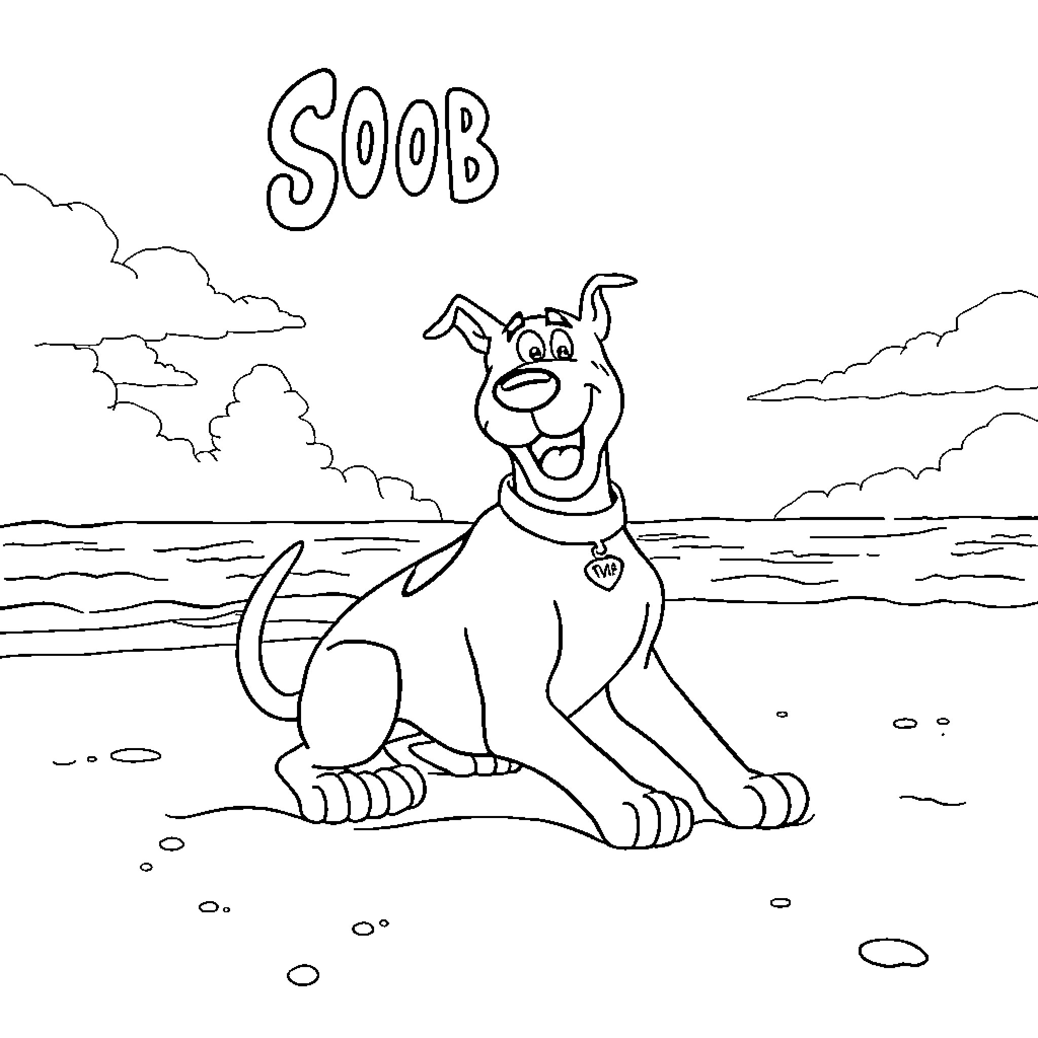 Scooby Doo relaxing by the ocean Coloring Page (free black-and-white line drawing printable PDF for all, from beginners to advanced learners, including children, teens, adults, and seniors)