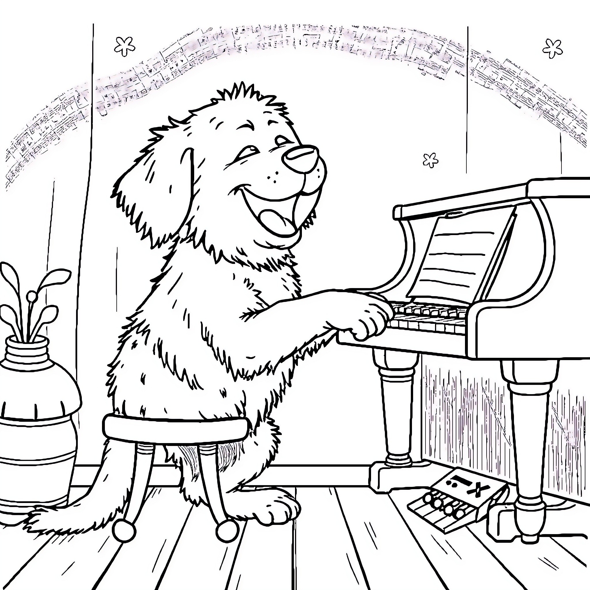 Dog playing piano in the music room Coloring Page (free black-and-white line drawing printable PDF for all, from beginners to advanced learners, including children, teens, adults, and seniors)