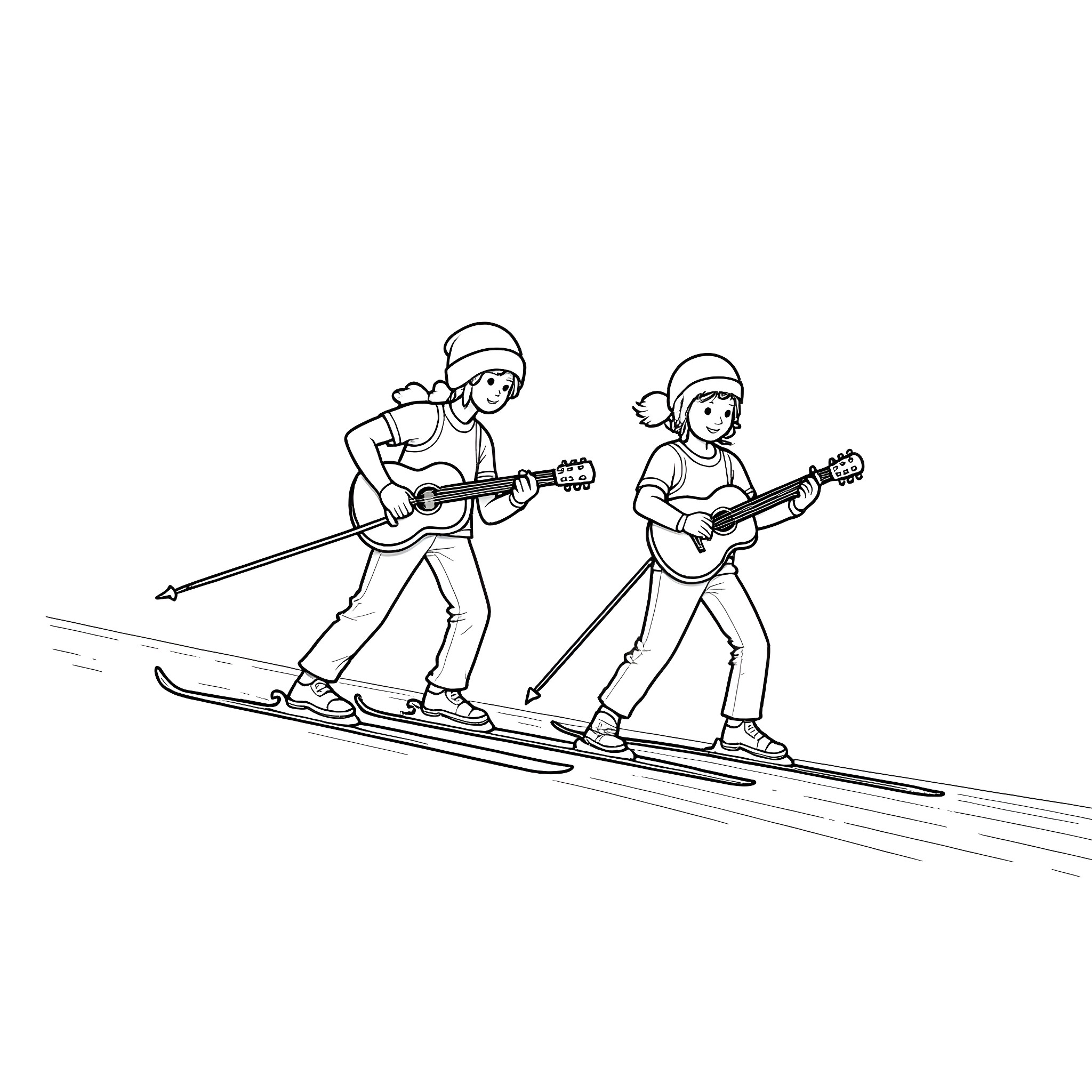 Cross Country Skiers Gliding Downhill with Guitars Coloring Page (free black-and-white line drawing printable PDF for all, from beginners to advanced learners, including children, teens, adults, and seniors)