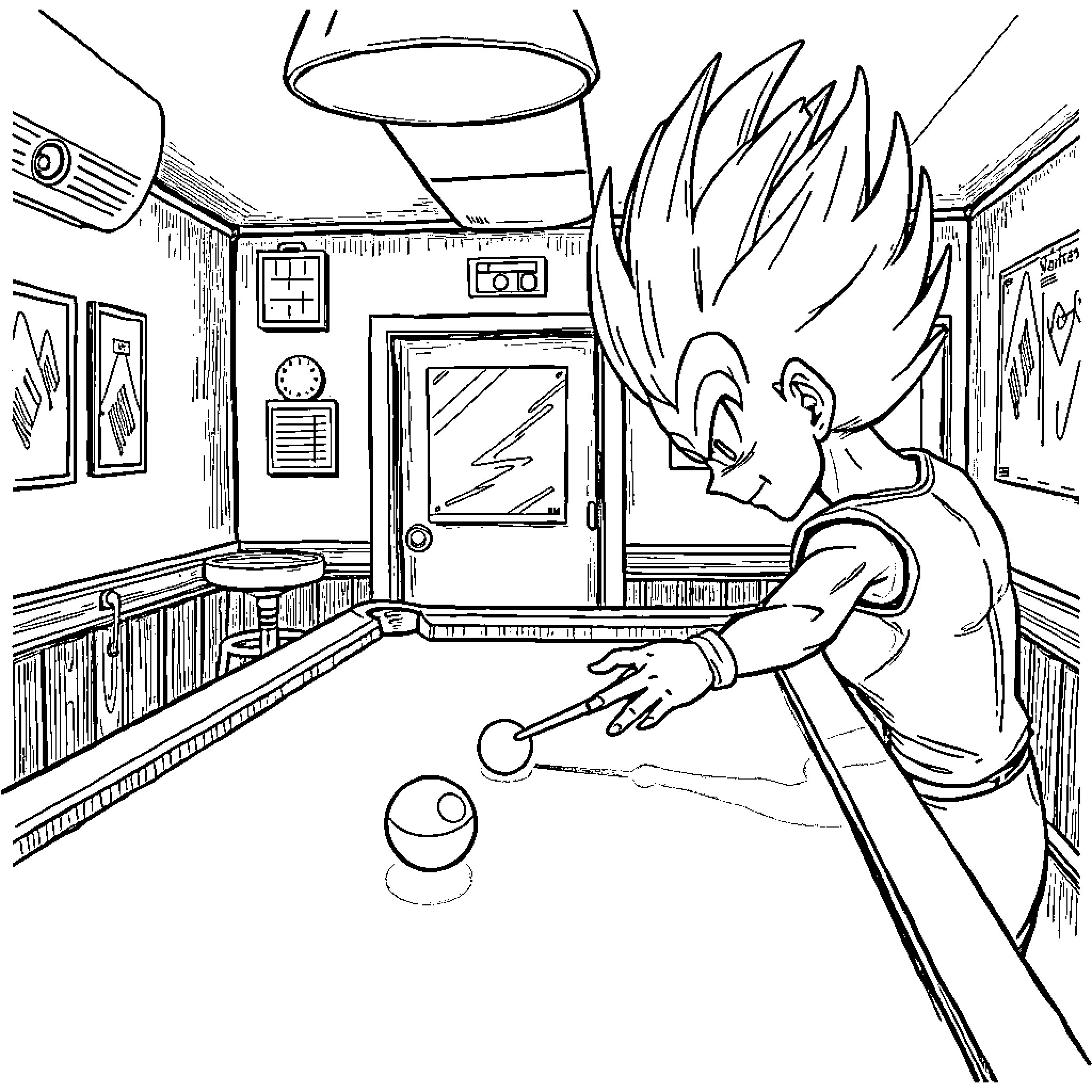 Vegeta in intense concentration during a pool game Coloring Page (free black-and-white line drawing printable PDF for all, from beginners to advanced learners, including children, teens, adults, and seniors)