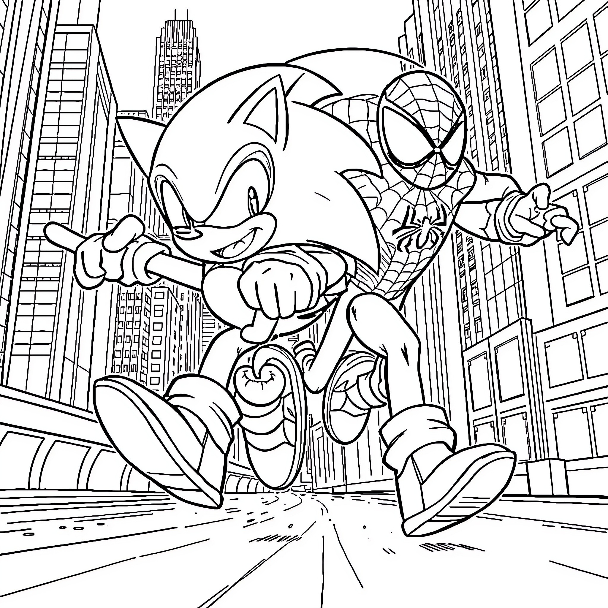 Sonic and Spider-Man racing through the city Coloring Page (free black-and-white line drawing printable PDF for all, from beginners to advanced learners, including children, teens, adults, and seniors)