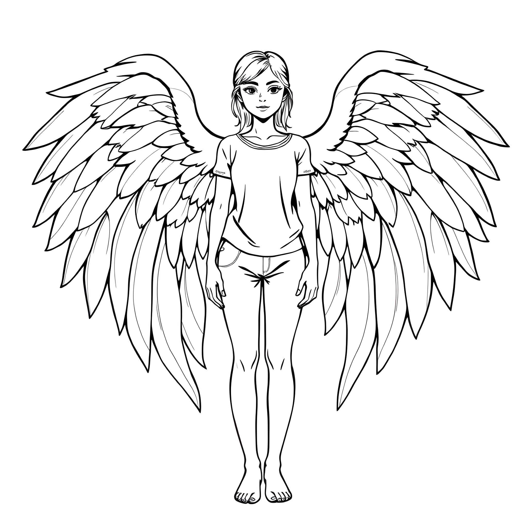 Woman with majestic angel wings Coloring Page (free black-and-white line drawing printable PDF for all, from beginners to advanced learners, including children, teens, adults, and seniors)