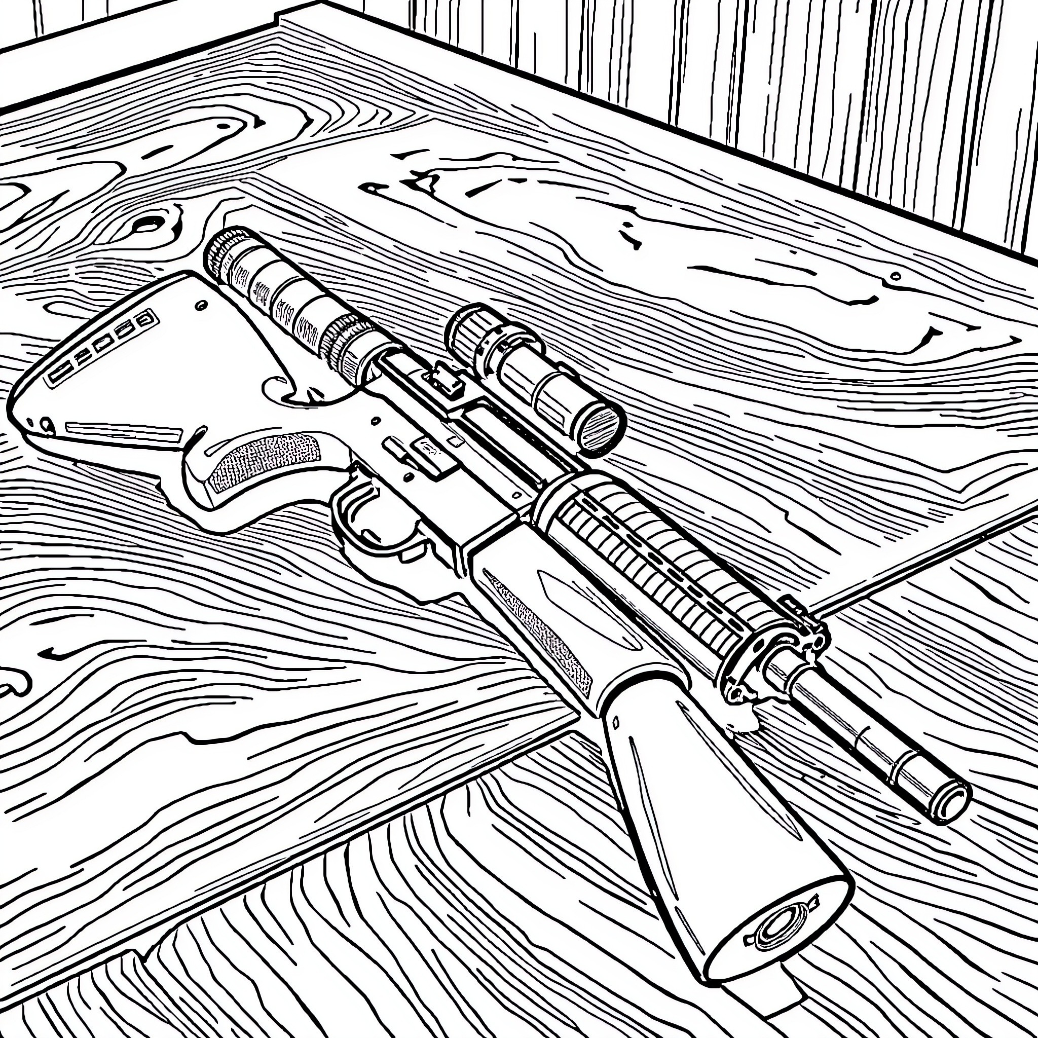 Rifle laying on a wooden surface Coloring Page (free black-and-white line drawing printable PDF for all, from beginners to advanced learners, including children, teens, adults, and seniors)