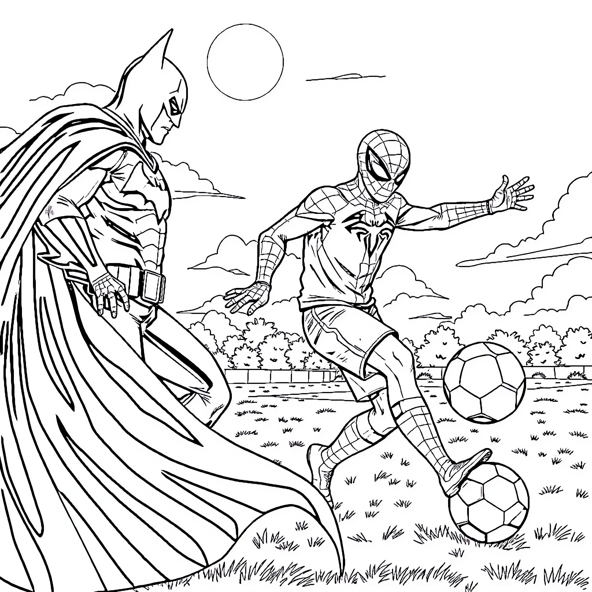 Spiderman and Batman playing soccer in the park Coloring Page (free black-and-white line drawing printable PDF for all, from beginners to advanced learners, including children, teens, adults, and seniors)